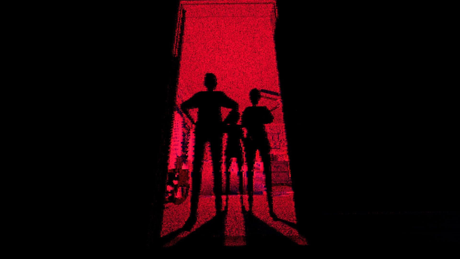 T.W.I.R.L.: Three shadowy figures stand in a red-lit hallway, looming toward the viewer.