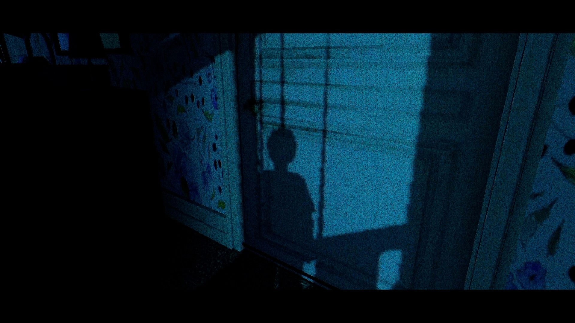 T.W.I.R.L.: Shadowy figure silhouette cast on wall beside kids drawings in a dim blue hallway.