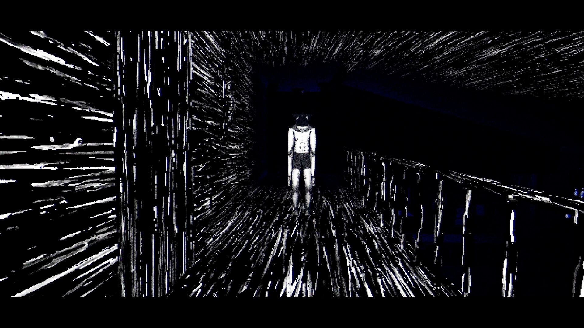 T.W.I.R.L.: Child in pajamas stands in a dark hallway with railing, stark high-contrast lighting.