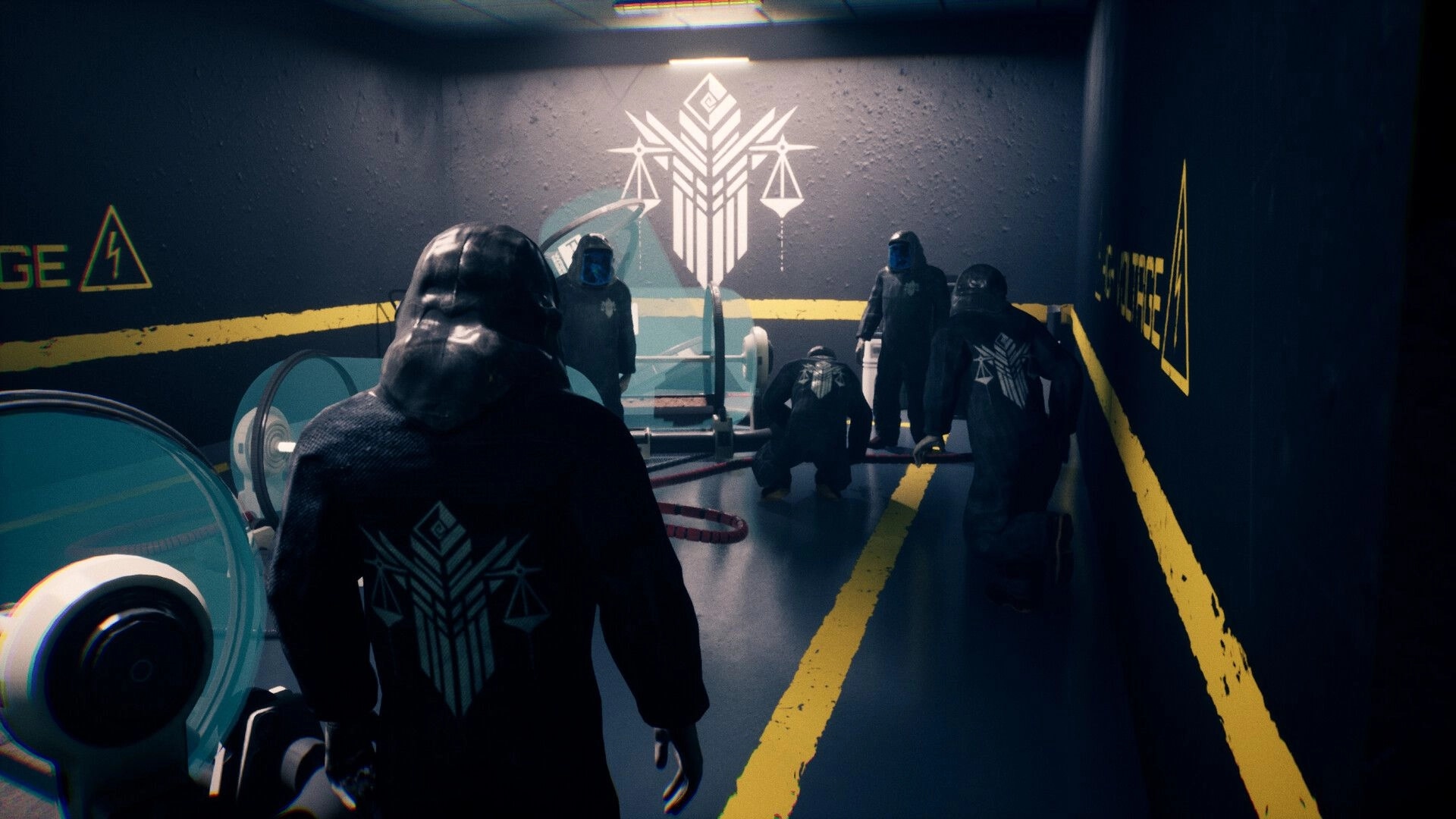 Twisted Chance Online: Workers in hazmat suits repair equipment in a dimly lit research lab hallway