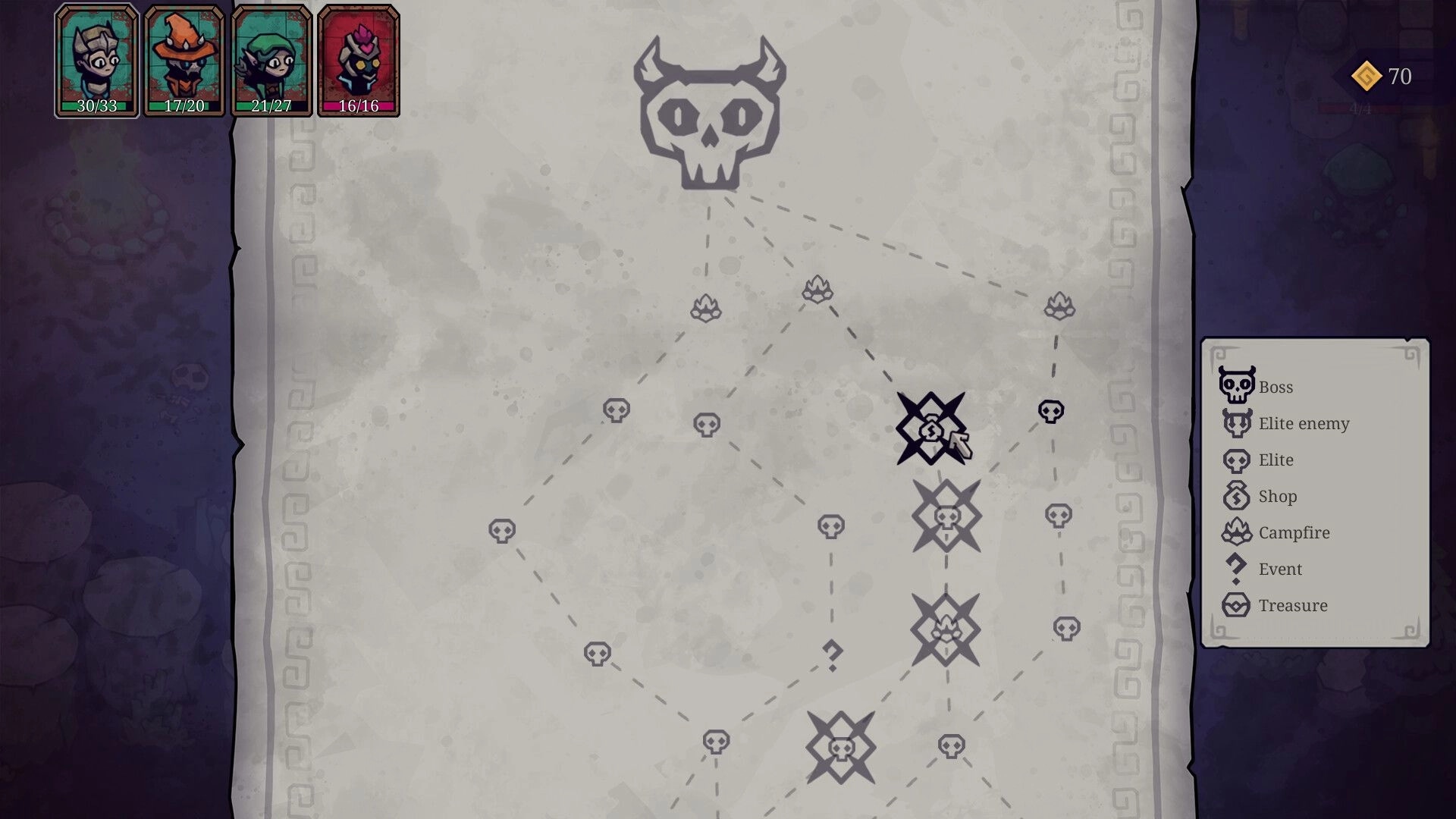 Twisted Fate: Map with paths to bosses, elite enemies, and campfires; hero stats in the top-left corner.