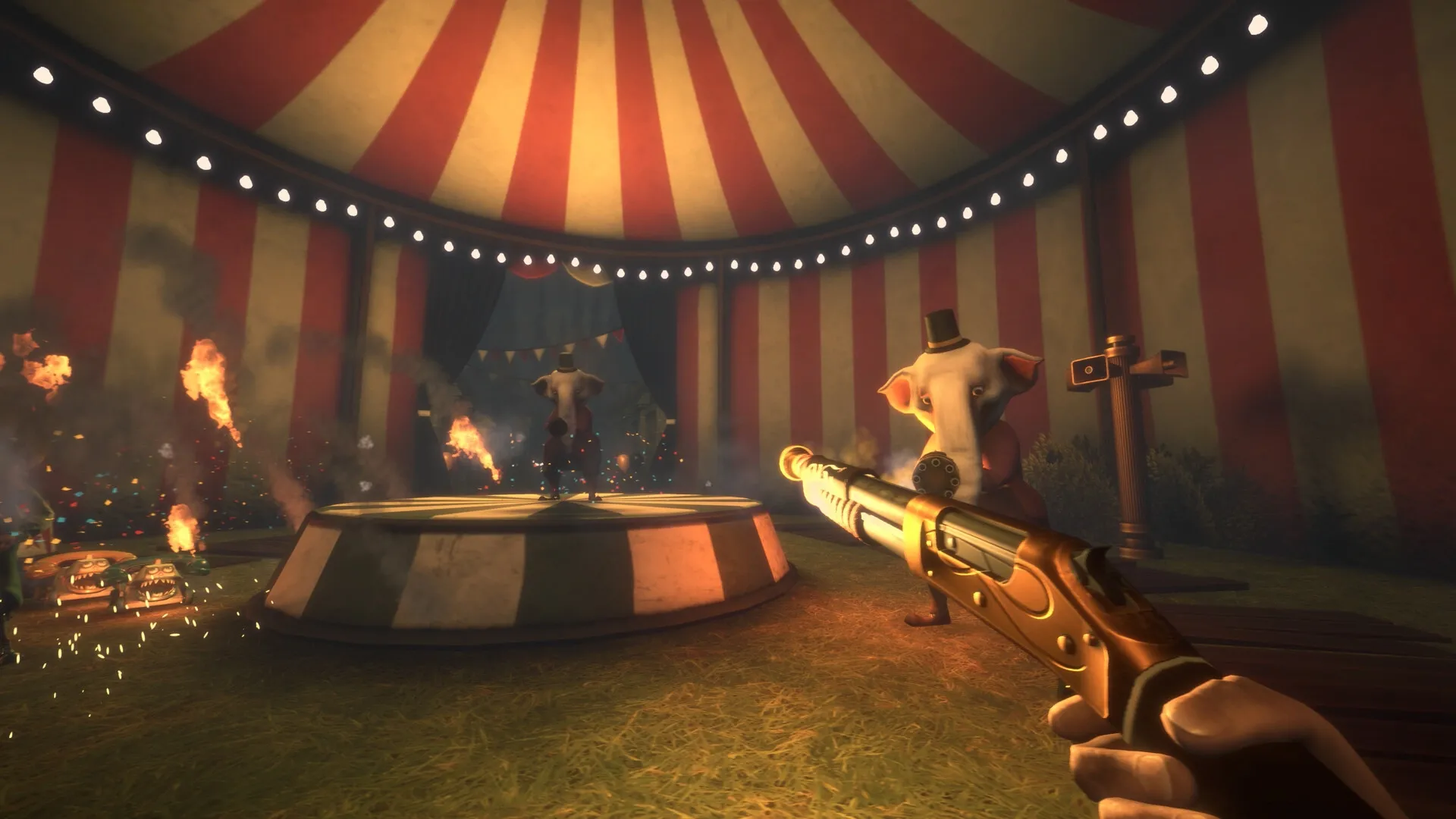 Twisted Tower: Player aiming at elephant mascots with flamethrower in circus tent filled with fire traps