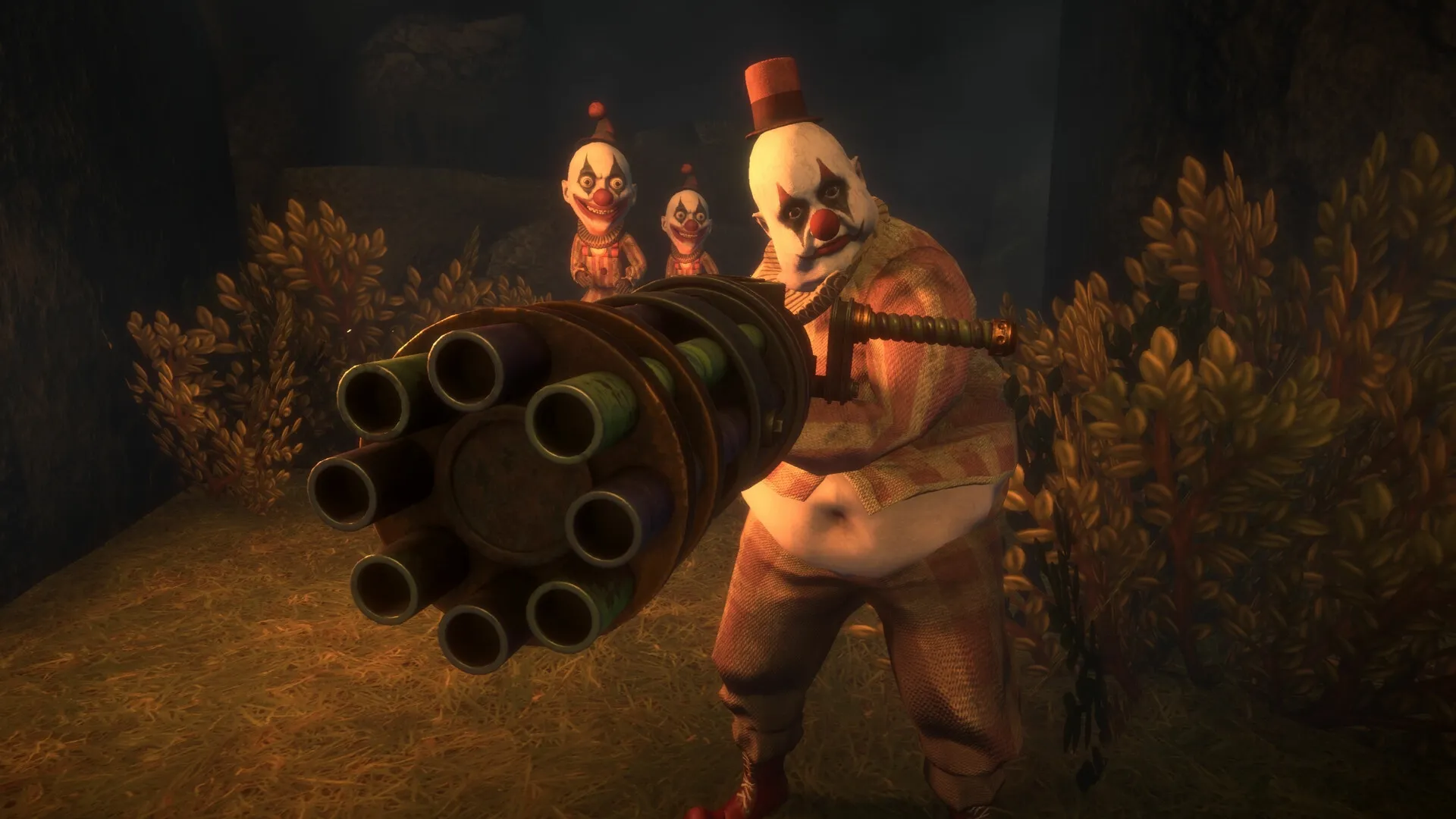 Twisted Tower: Clown mascot aiming large weapon in eerie theme park with two clowns in background