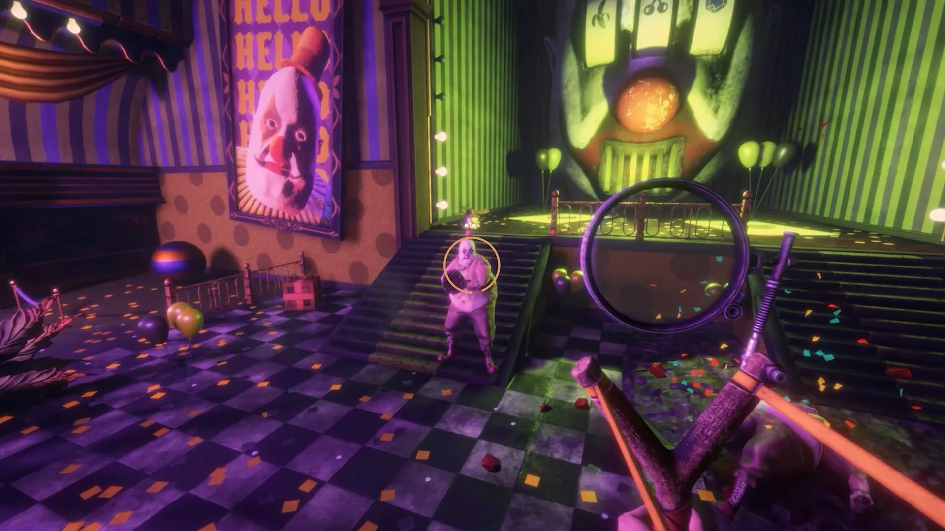 Twisted Tower: Aiming slingshot at clown enemy on stairs in eerie, colorful carnival hall