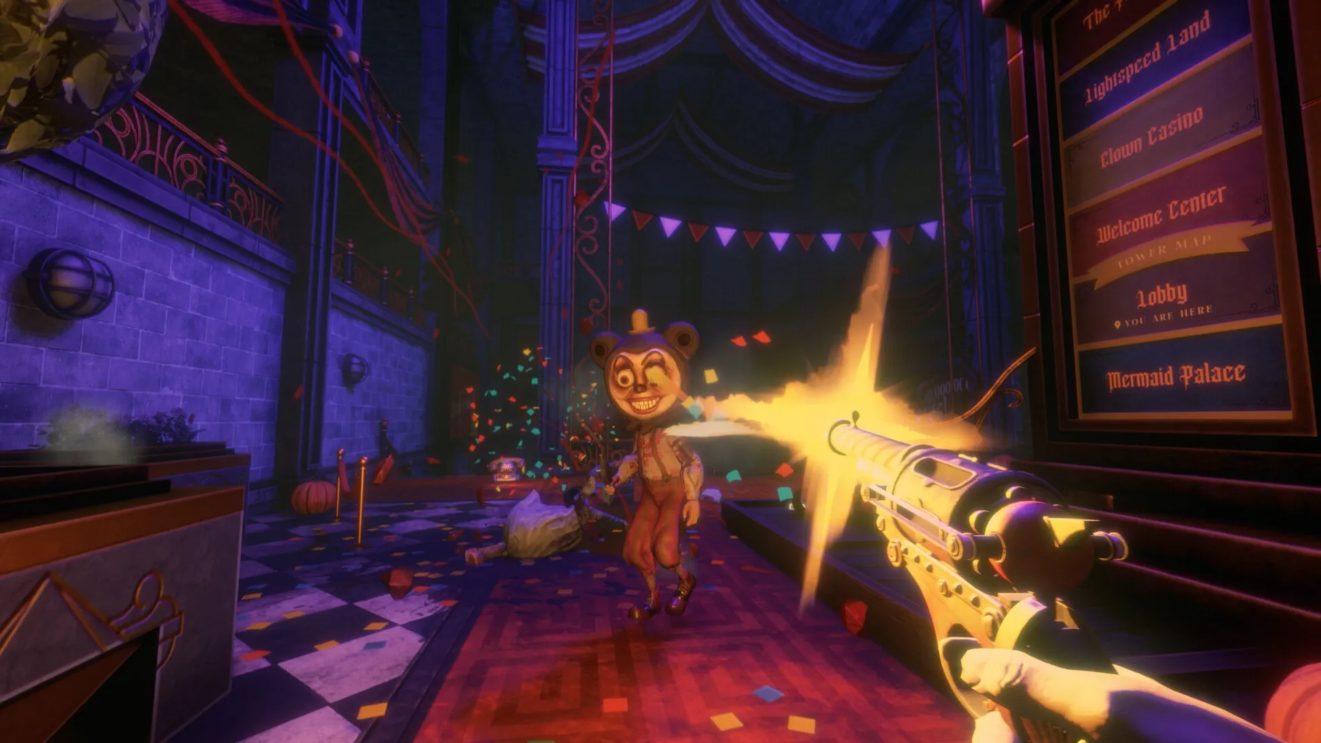 Twisted Tower: Player fires at grinning bear mascot in vibrant, confetti-filled theme park hallway.