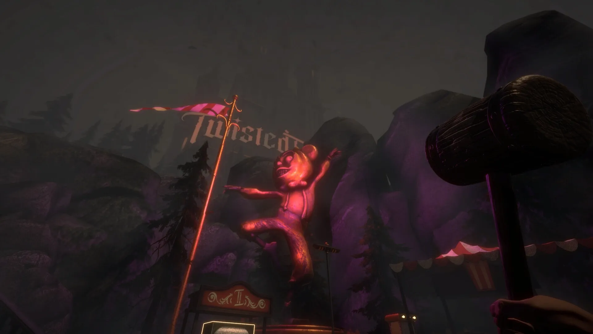 Twisted Tower: Player holds a giant mallet in eerie theme park with creepy mascot statue and dark sky