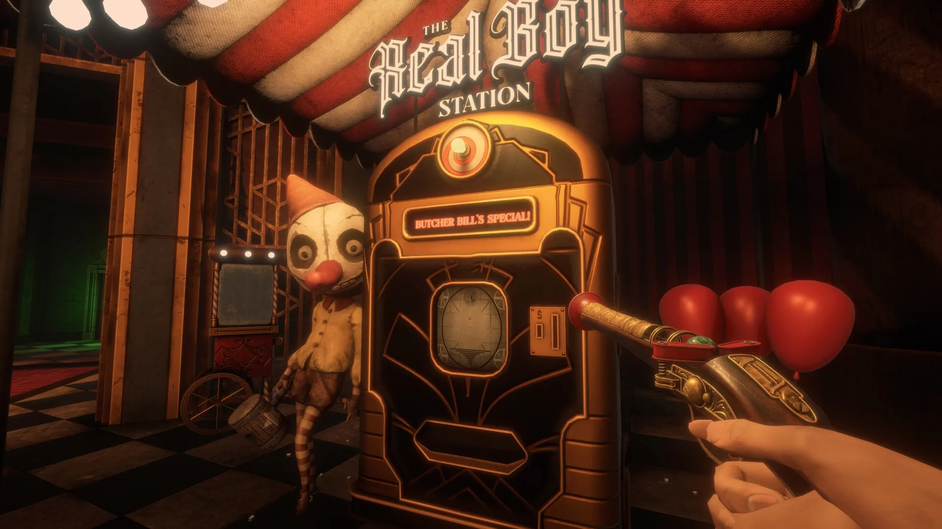 Twisted Tower: Player aims quirky gun at creepy clown near ominous vending machine in dark theme park