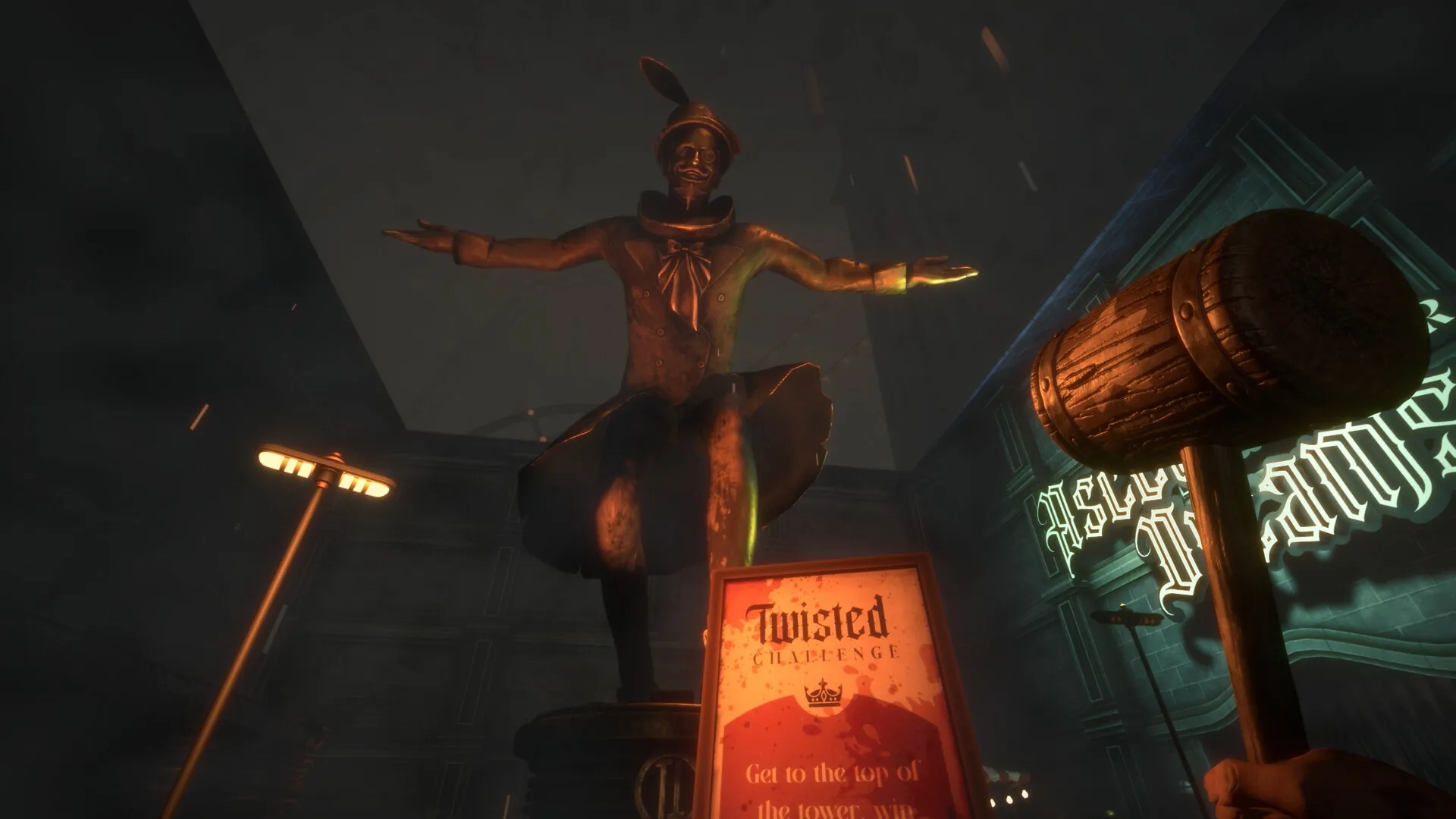 Twisted Tower: Player holds giant hammer in dark theme park with creepy statue and challenge sign