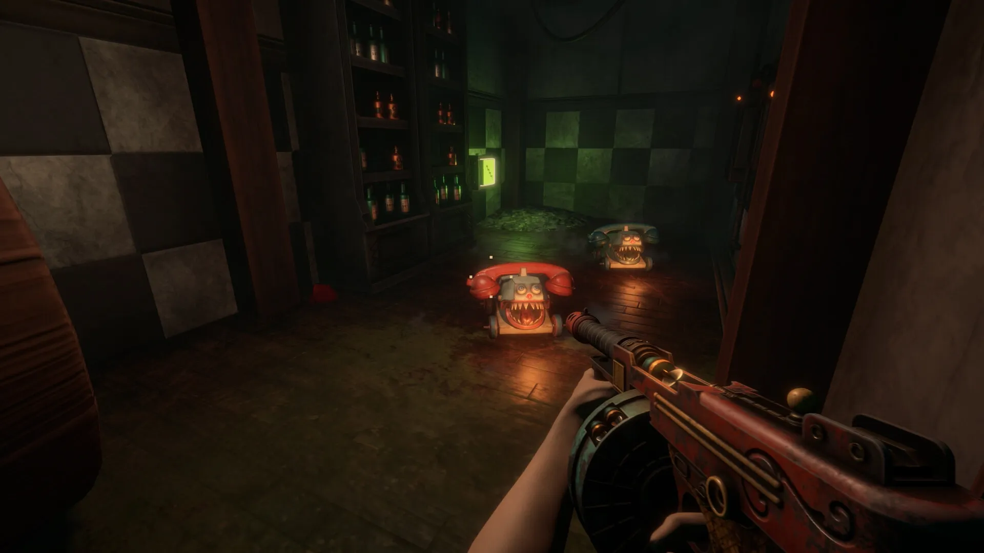 Twisted Tower: Player aiming at hostile phone mascots in a dimly lit room with checkered walls