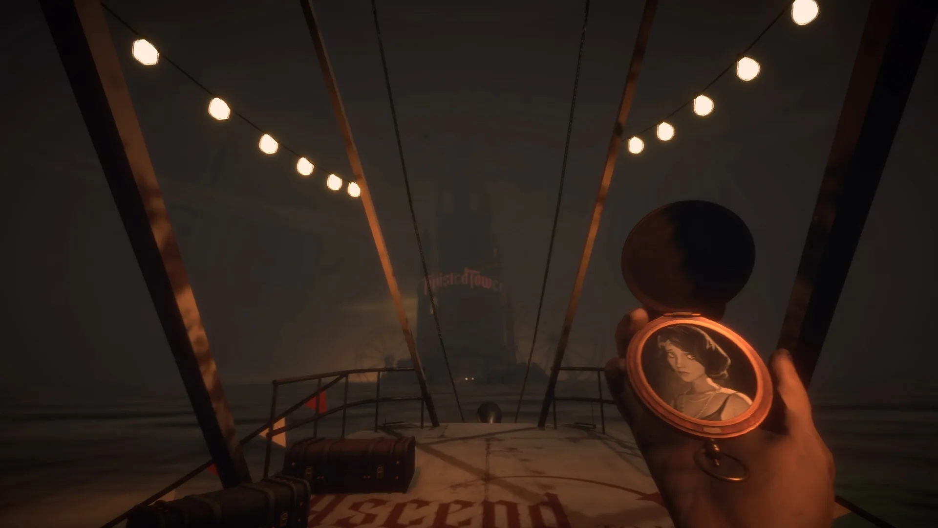 Twisted Tower: Holding a locket with a woman's photo on a foggy bridge leading to the tower entrance
