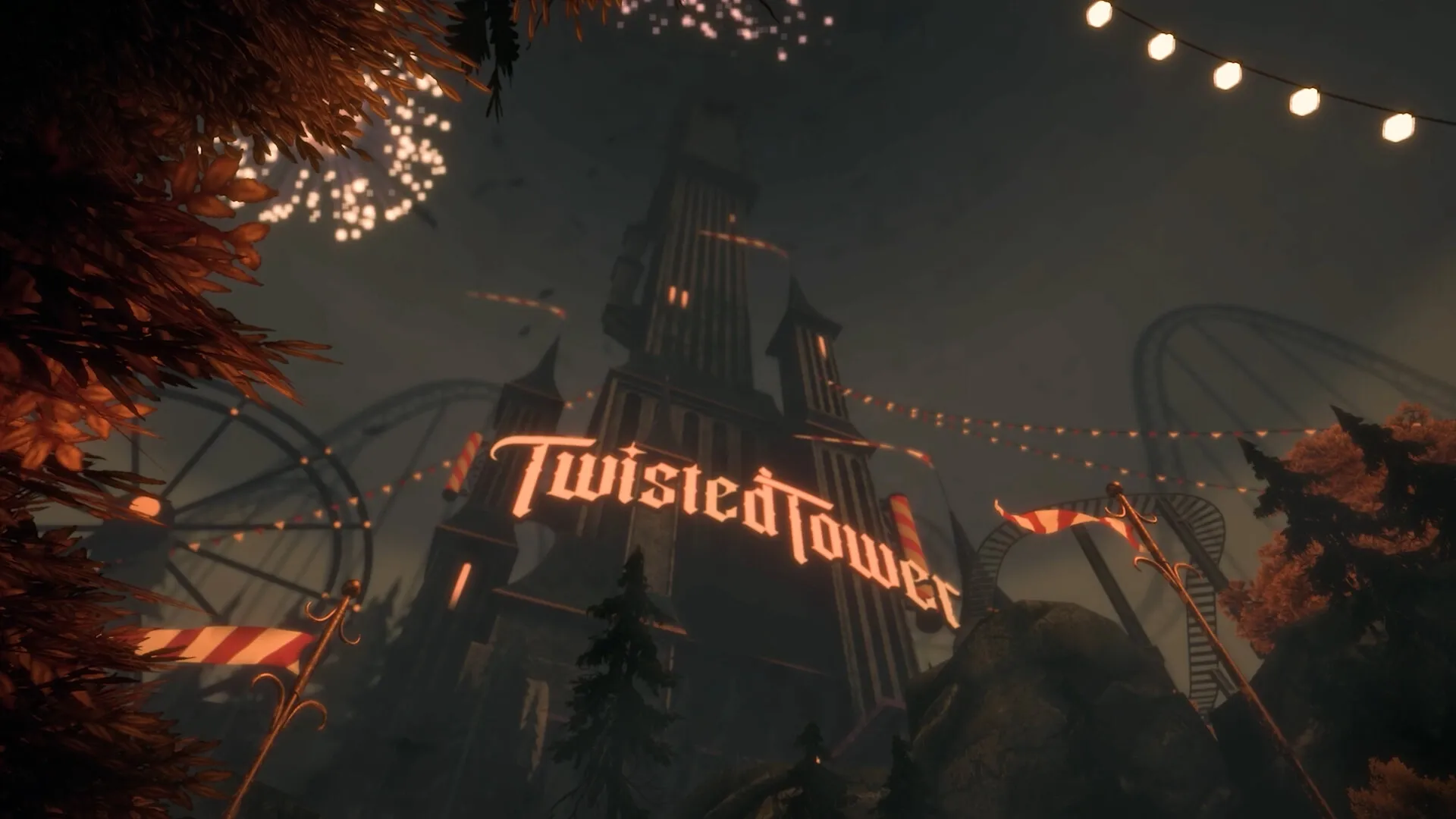 Twisted Tower: Tower entrance with neon sign, roller coaster tracks, and fireworks in dark theme park