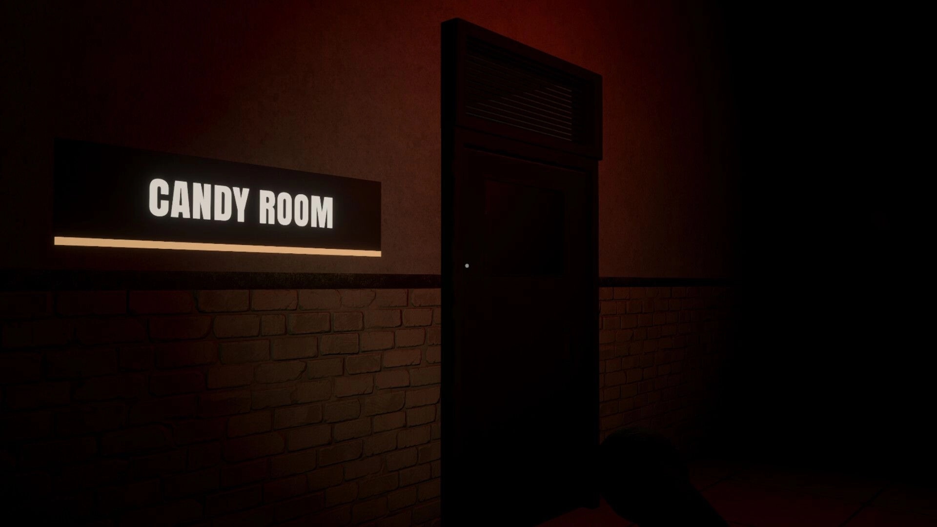 Twisted Toys: Dimly lit hallway with a sign reading "Candy Room" next to a closed dark door.