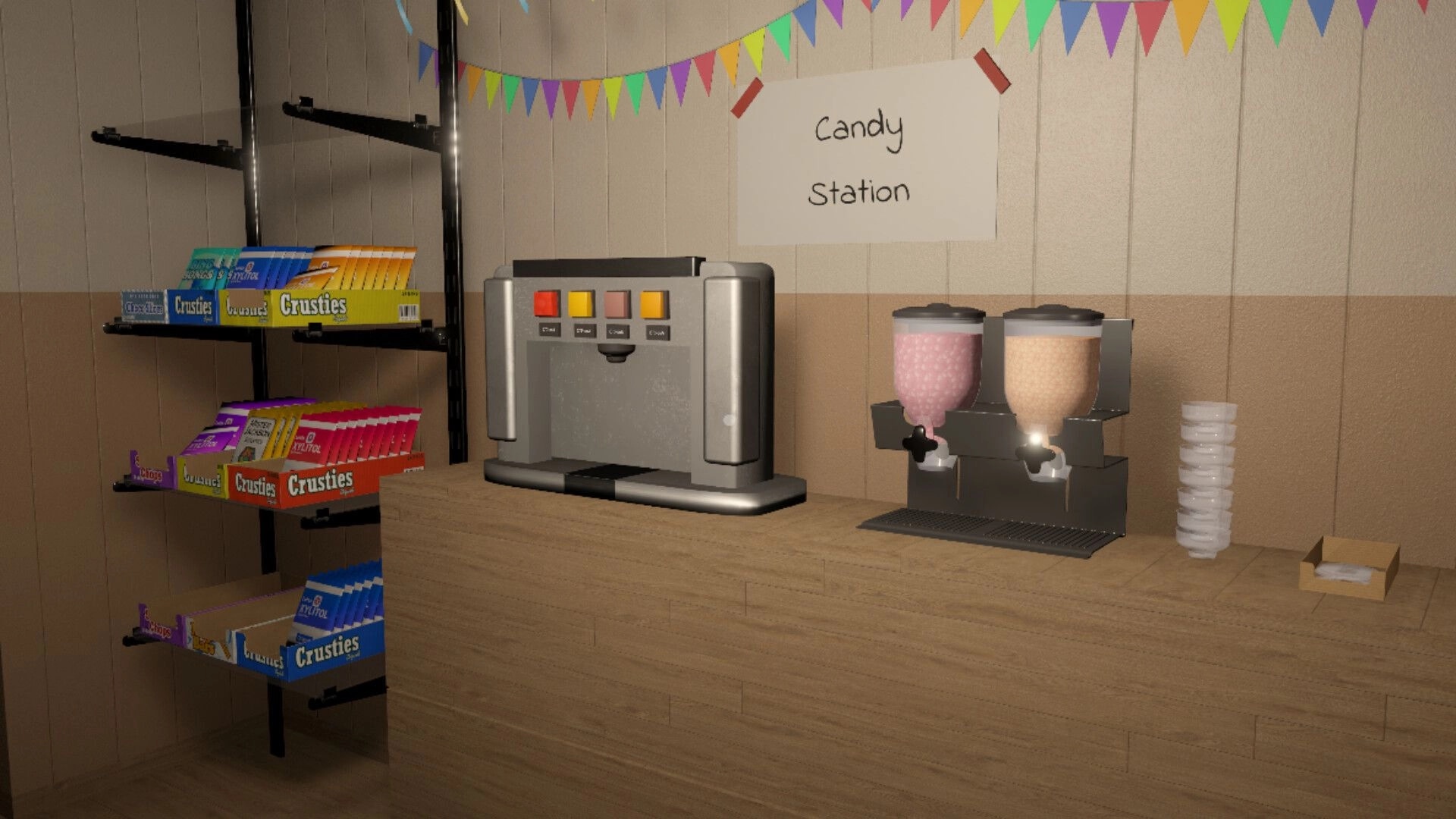 Twisted Toys: Candy station with dispensers and shelves of Crusties in a festively decorated room