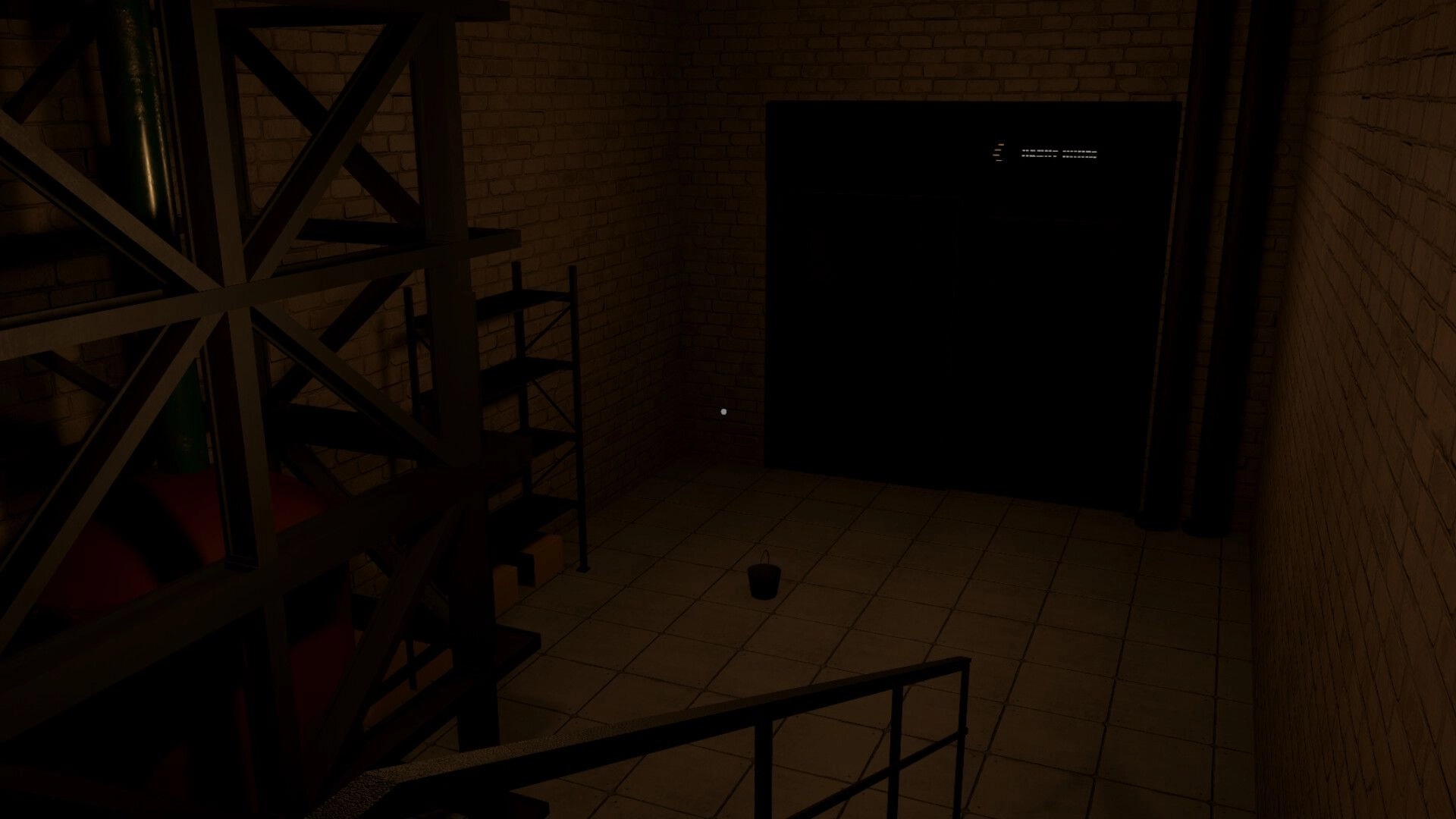 Twisted Toys: Dimly lit basement with shelves, bucket on tiled floor, and brick walls surrounding.