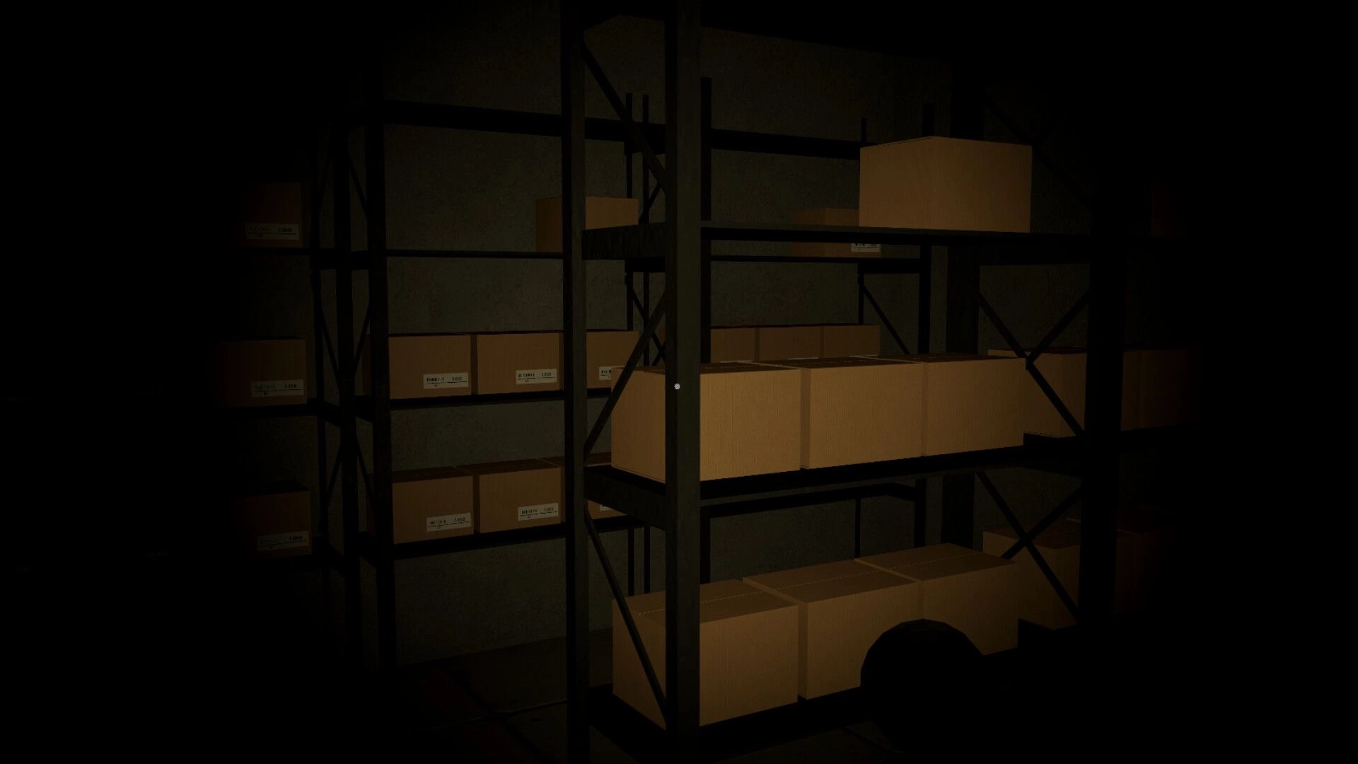 Twisted Toys: Dimly lit warehouse storage with stacked cardboard boxes on metal shelves