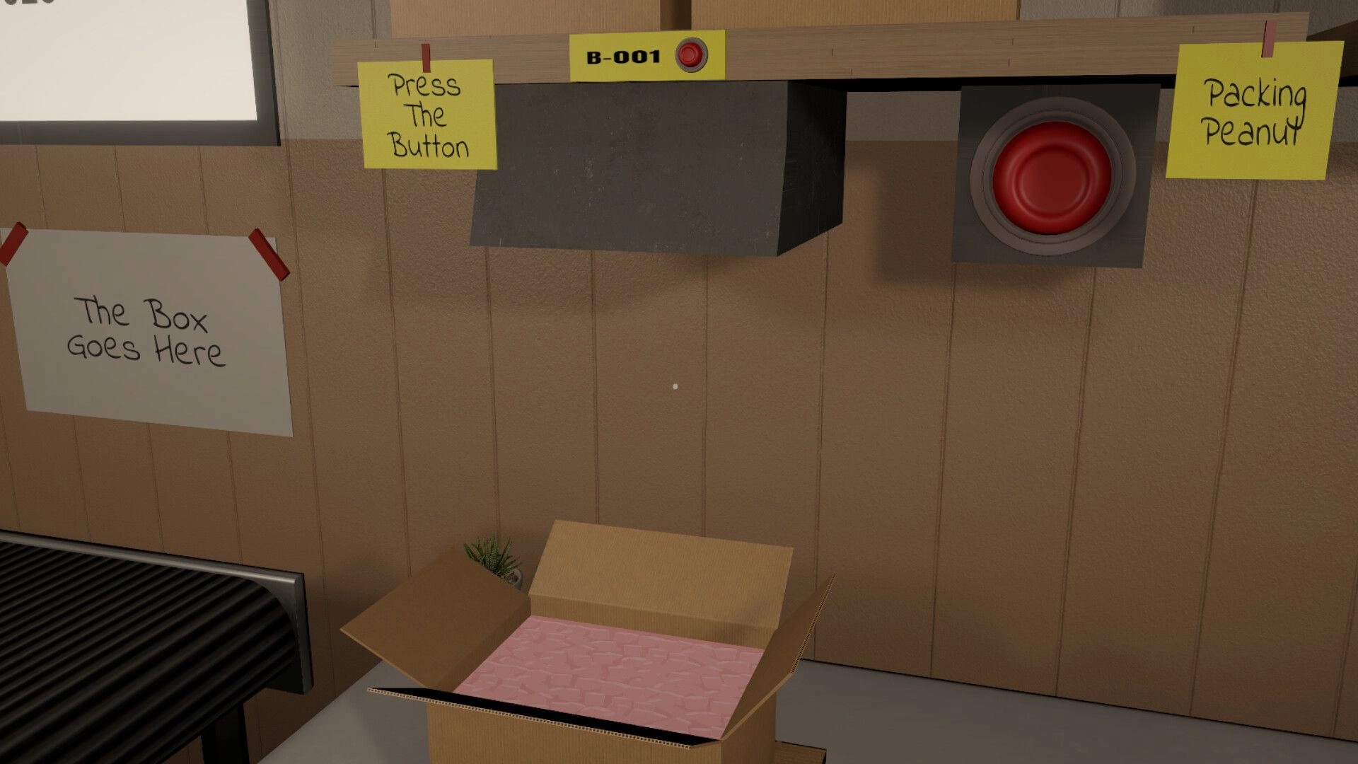 Twisted Toys: Packing station with open box, conveyor belt, and button labeled "Press The Button"