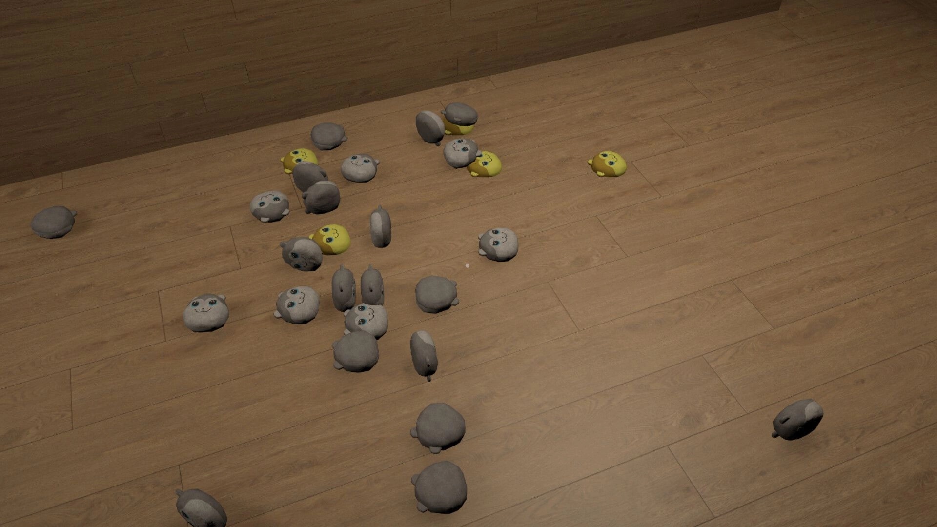 Twisted Toys: Scattered plush toys on wooden floor in dimly lit room, creating an eerie atmosphere