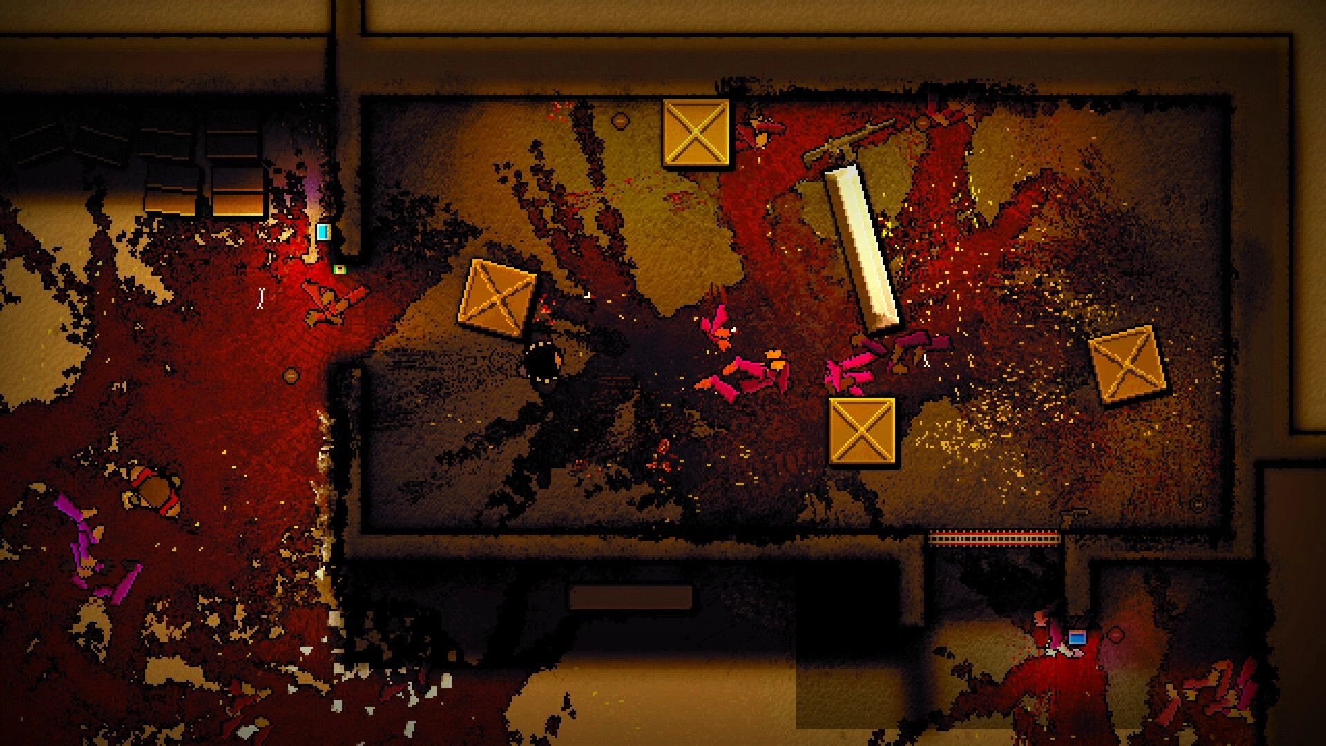 Two Dollar Suits: Overhead view of cluttered room with scattered boxes and defeated enemies on floor