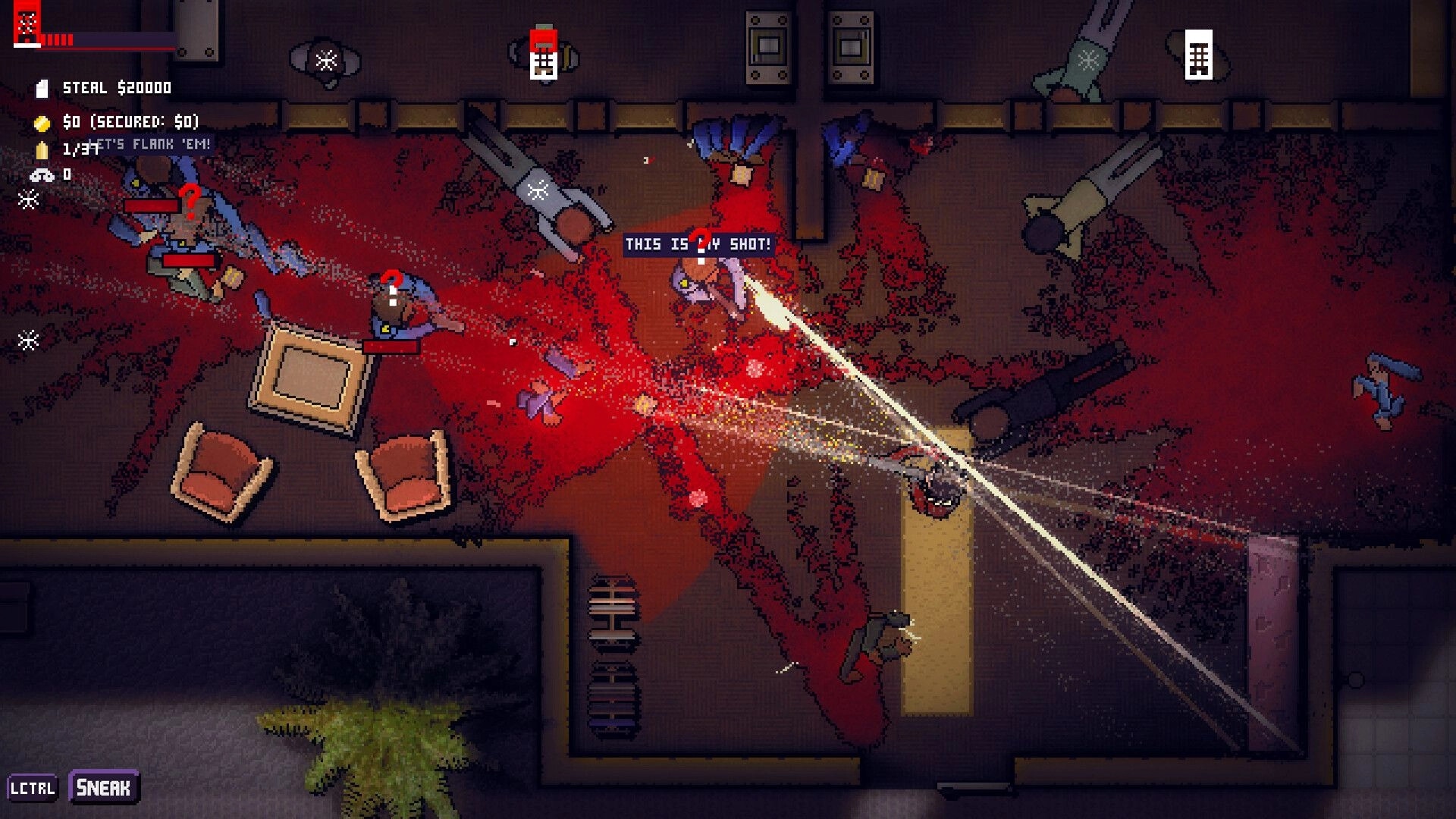 Two Dollar Suits: Intense gunfight in a blood-soaked room with enemies, UI shows objectives and controls.