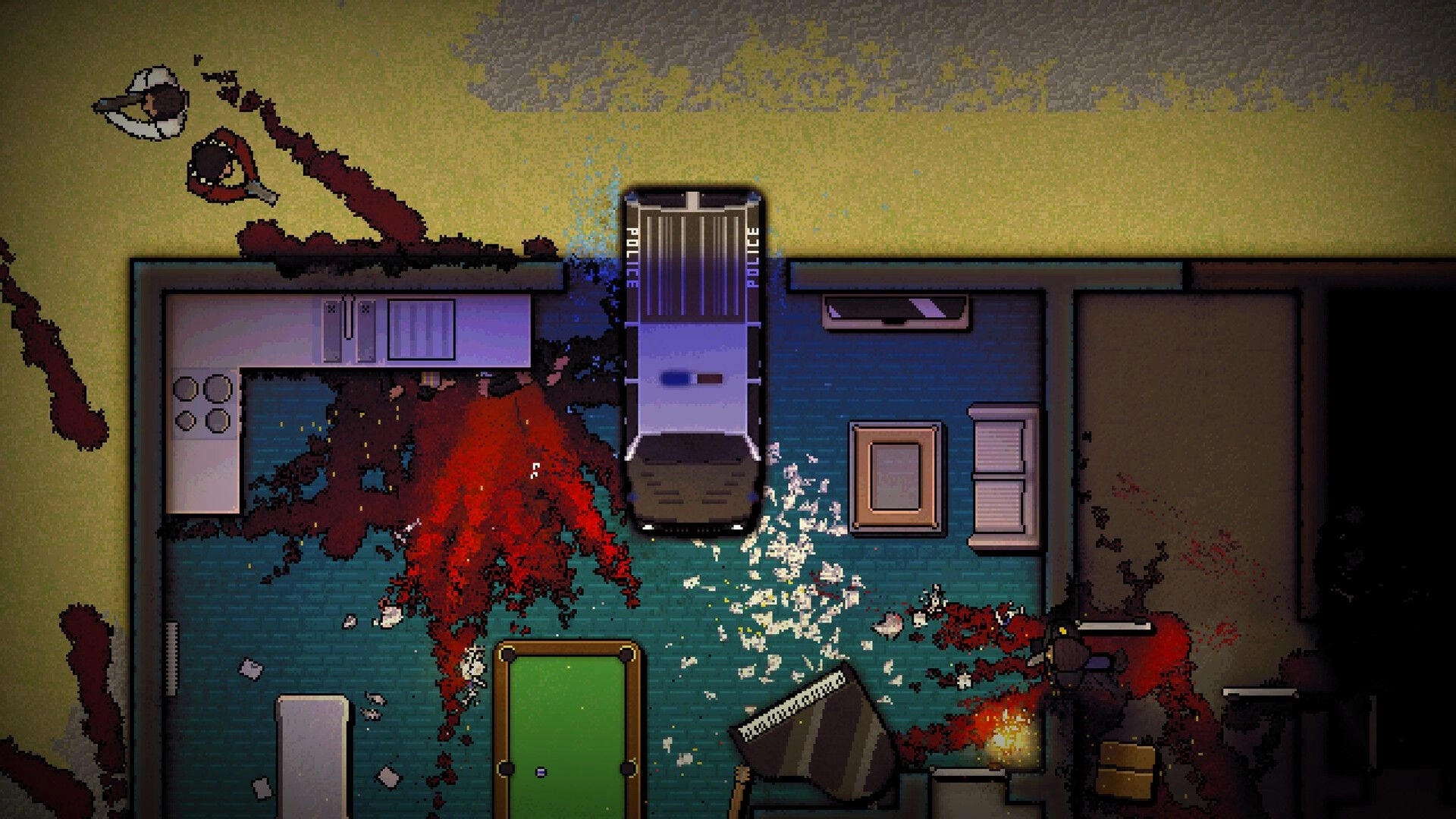 Two Dollar Suits: Overhead view of crime scene with police car, blood trails, and scattered debris indoors