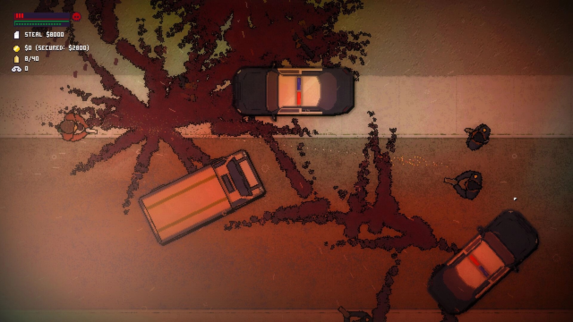 Two Dollar Suits: Overhead view of street with getaway cars, character evading pursuit in urban chaos