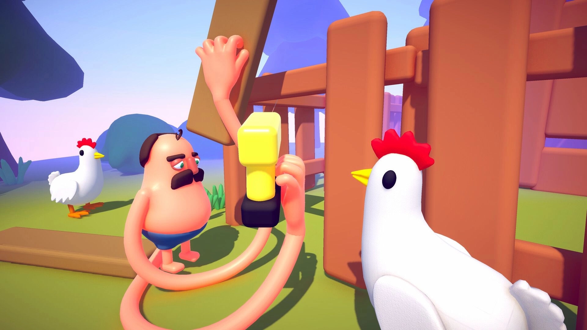 Two Left Hands: Clumsy hands hold a yellow tool by a wooden fence beside chickens in a farmyard.