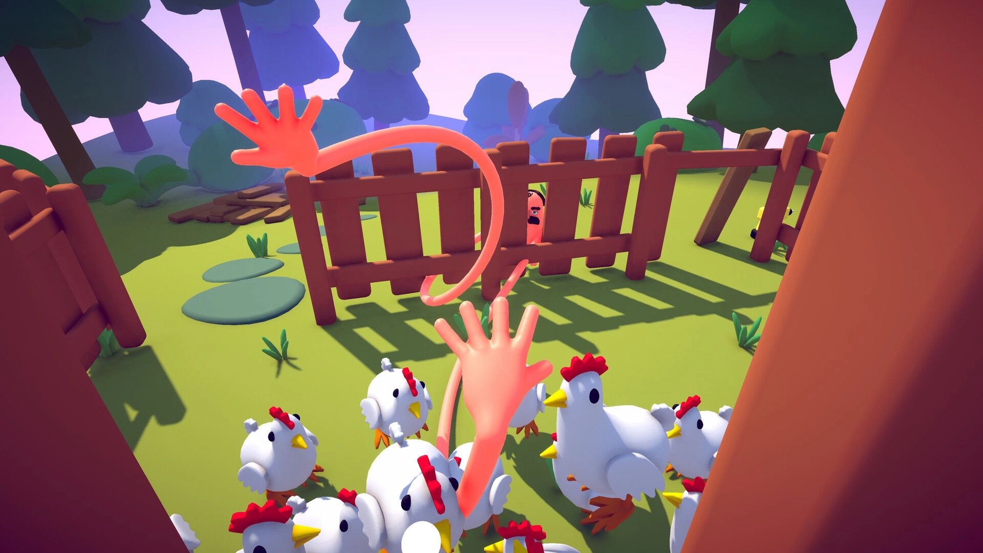 Two Left Hands: Two floppy pink hands reach over a fence amid chickens in a grassy yard with trees.