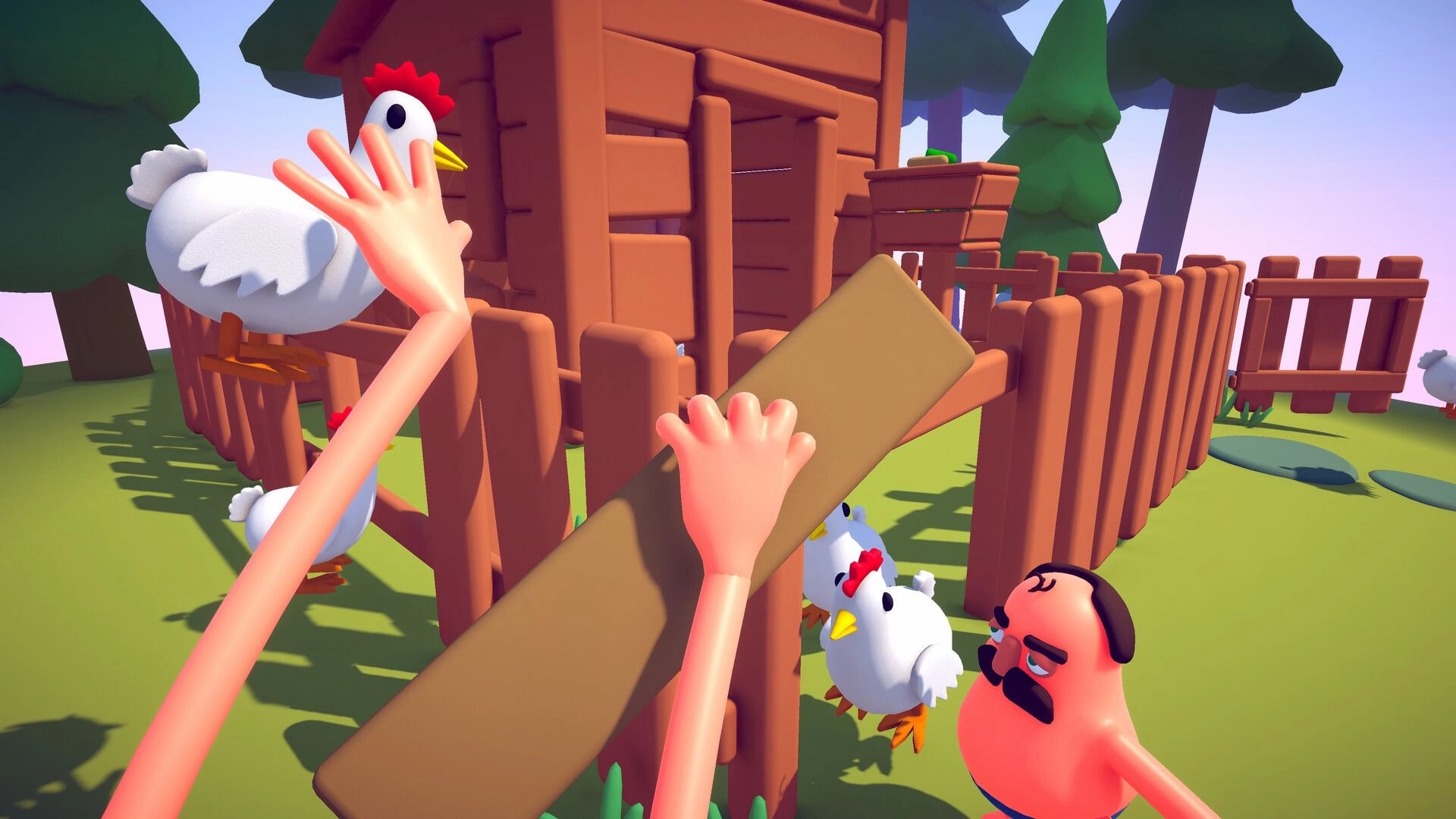 Two Left Hands: Two floppy hands juggle a plank and chickens by a wooden coop and fence yard.