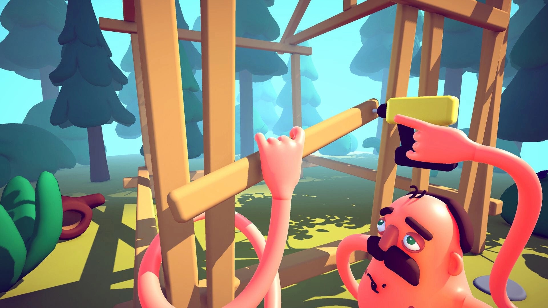 Two Left Hands: Two pink hands drill a wooden beam on a scaffold in a bright forest clearing.