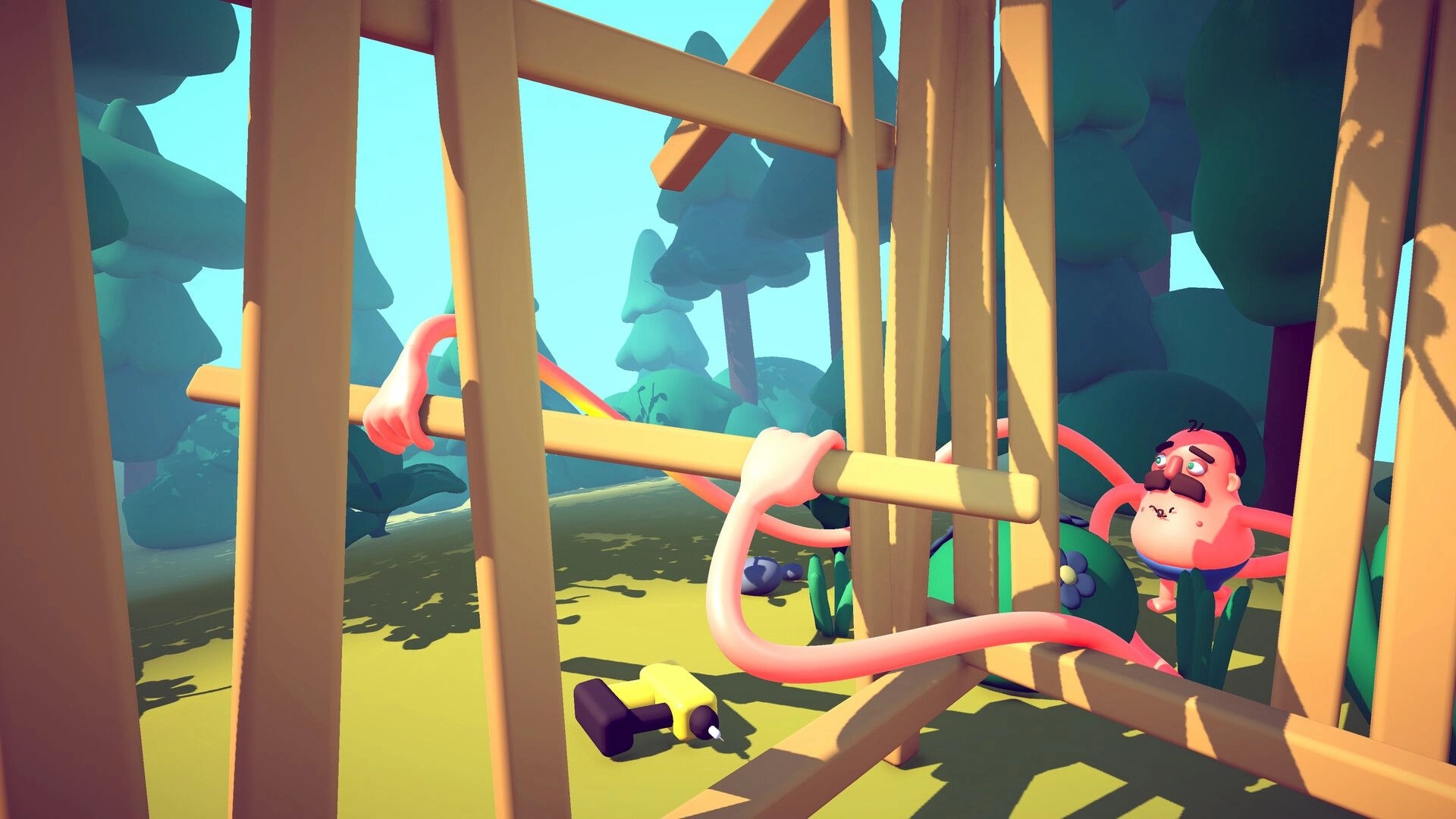 Two Left Hands: Two stretchy hands grab wooden beams on a frame in a sunny forest worksite.