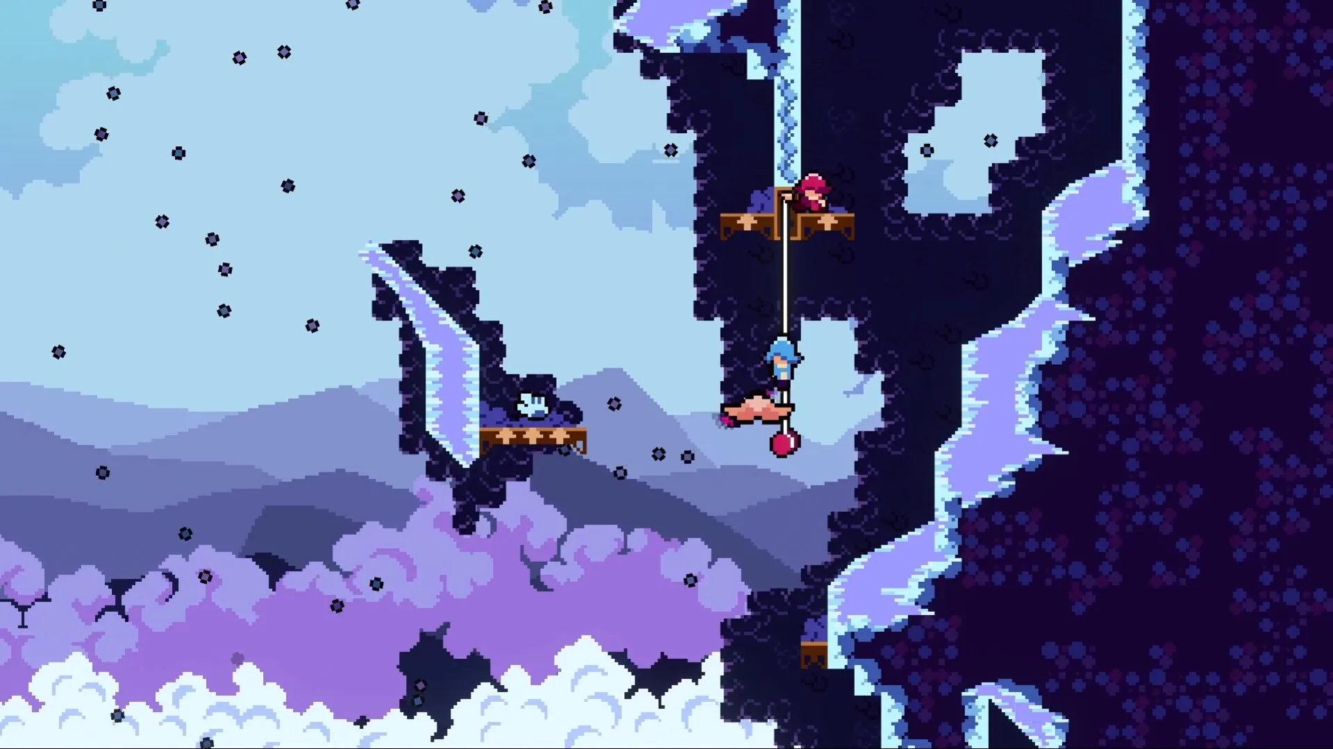 Two the Top: Characters platforming in a snowy mountain environment, using ropes to navigate cliffs.