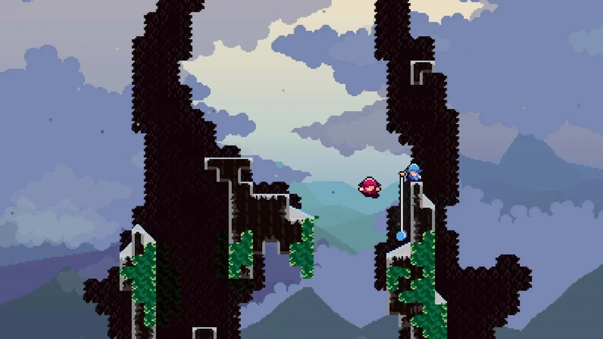 Two the Top: Pixel character climbing cliffside with vine-covered platforms against cloudy mountain backdrop