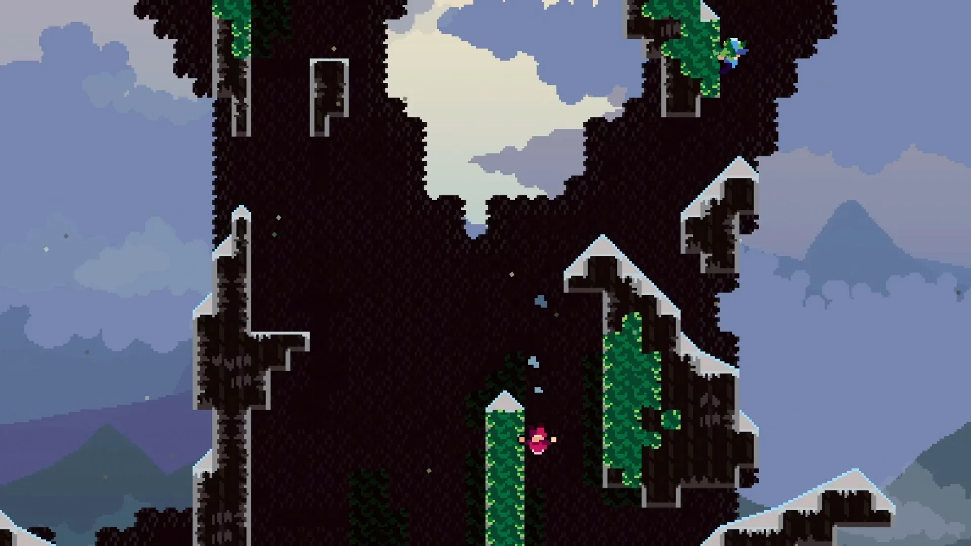 Two the Top: Two characters ascend a vertical cavern with icy ledges and climbing vines visible