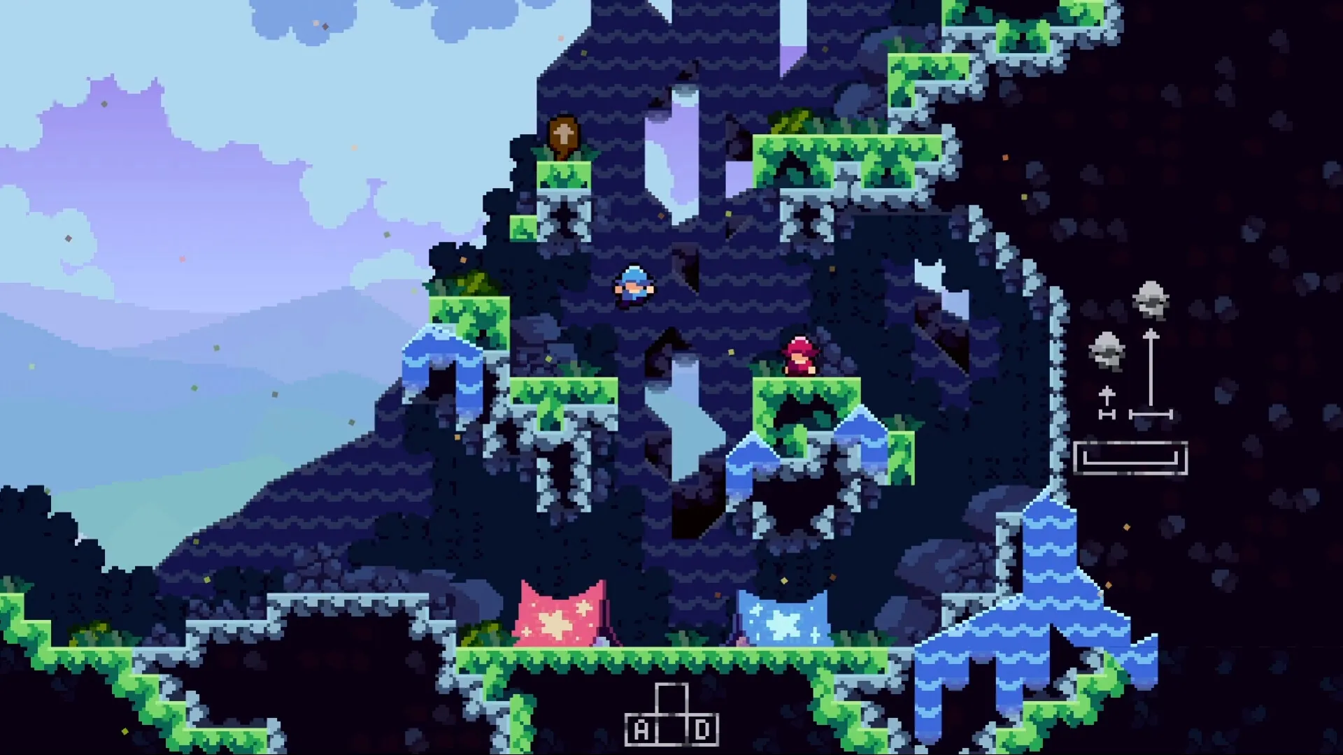 Two the Top: Two characters in colorful outfits navigate a rocky platforming level with control hints visible