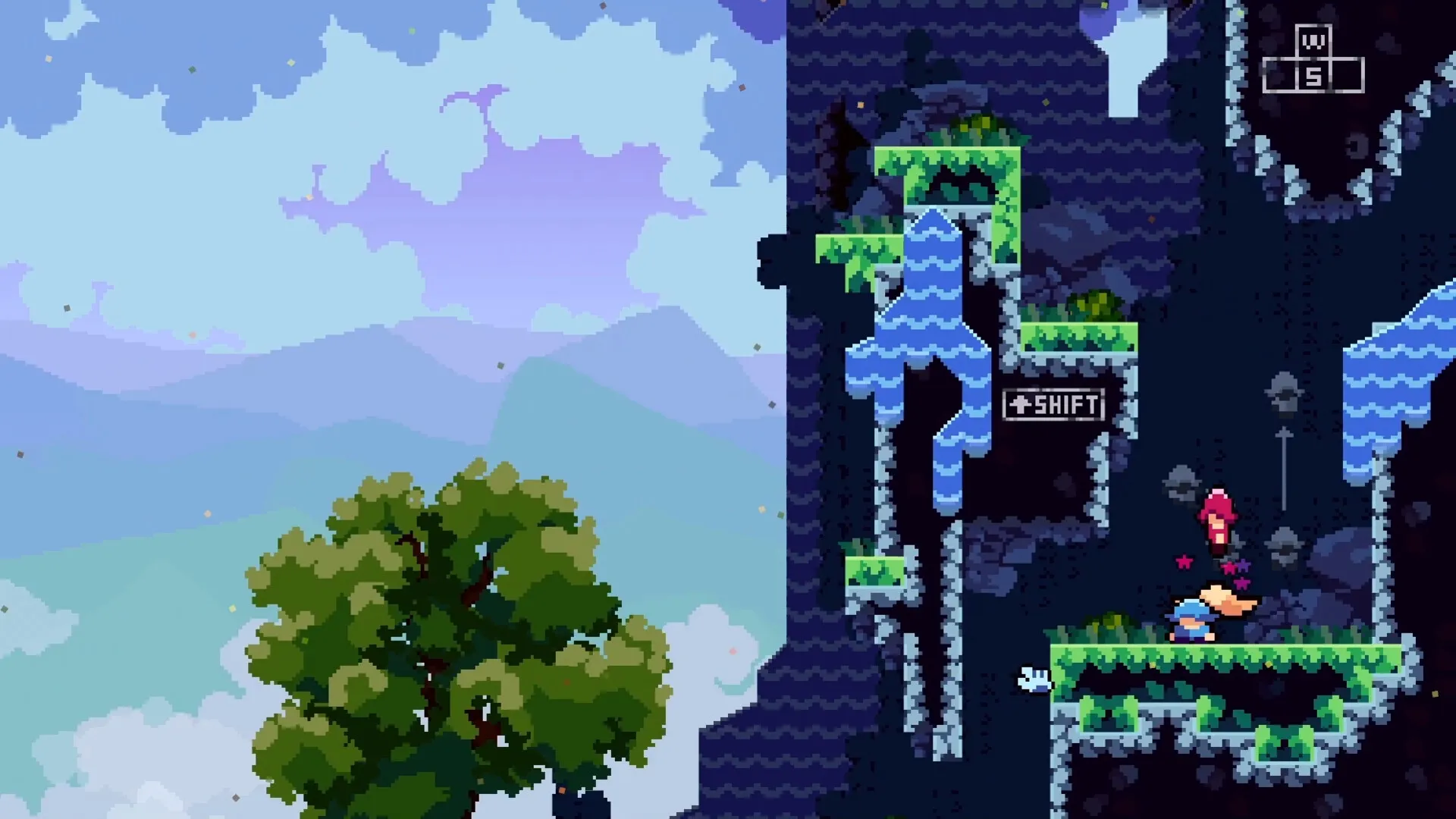 Two the Top: Two players platforming up a cliffside with waterfalls and control prompts visible