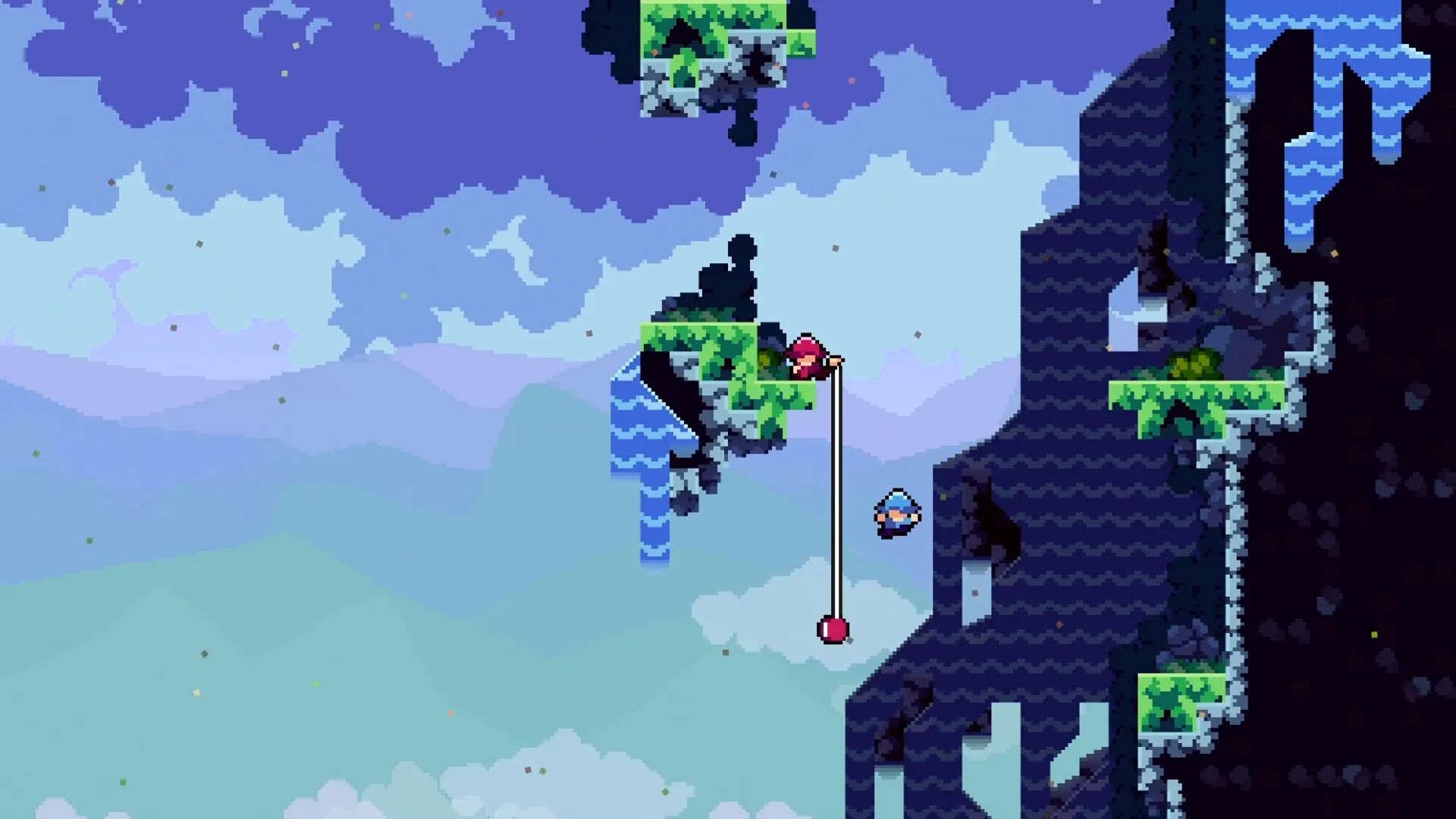Two the Top: Characters climbing with a rope in a pixelated mountain landscape with floating platforms.