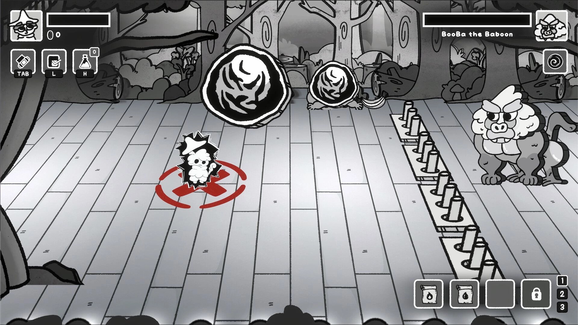 TypeCaster: Wizard stands in red target circle facing BooBa the Baboon on a forest stage arena.