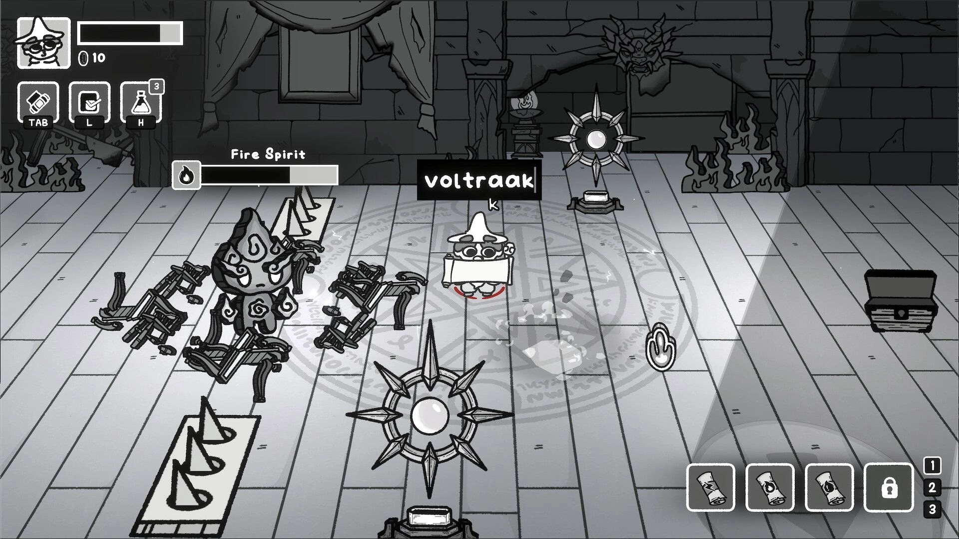 TypeCaster: Typing spell “voltraak” over wizard while Fire Spirit health bar in stone dungeon room.