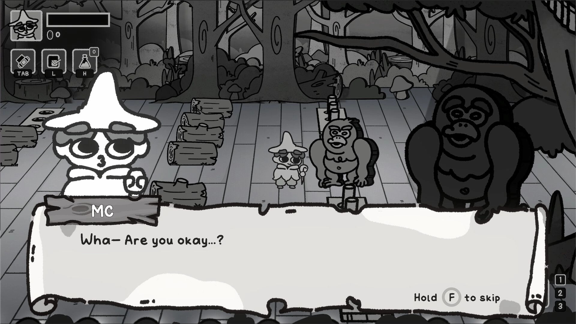 TypeCaster: Dialogue box as MC asks "Are you okay?" in a forest clearing with gorillas nearby.