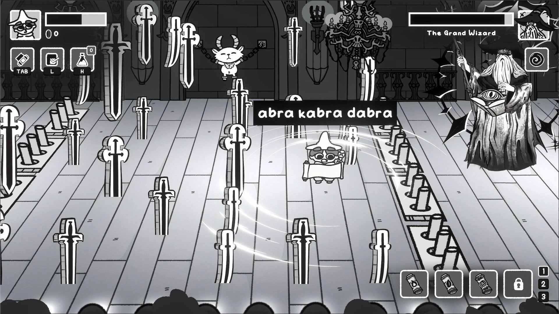 TypeCaster: Typing spell "abra kabra dabra" in boss fight with The Grand Wizard in a candlelit hall.