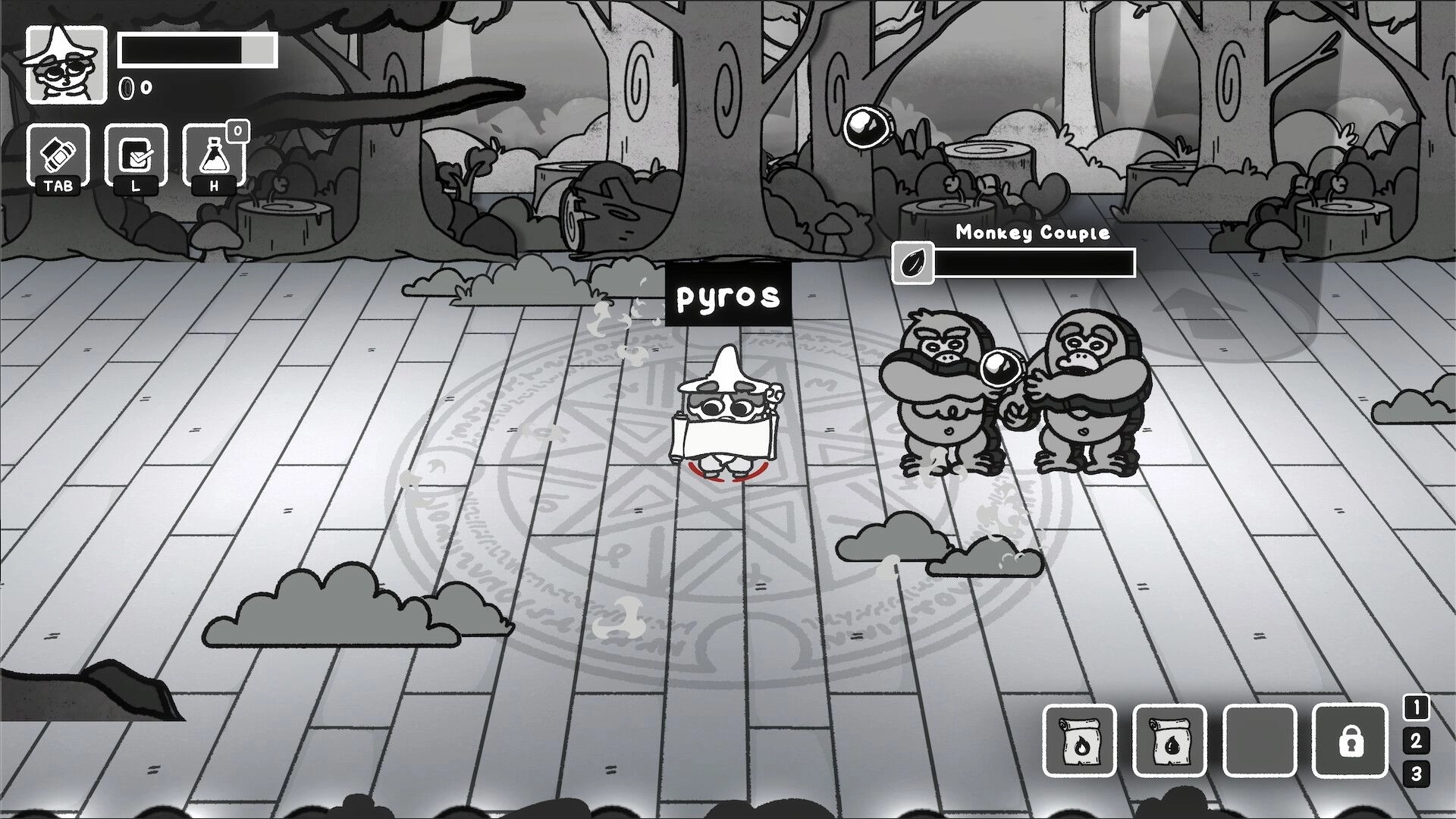 TypeCaster: Pyros wizard faces Monkey Couple with health bar on a tiled forest arena battlefield.