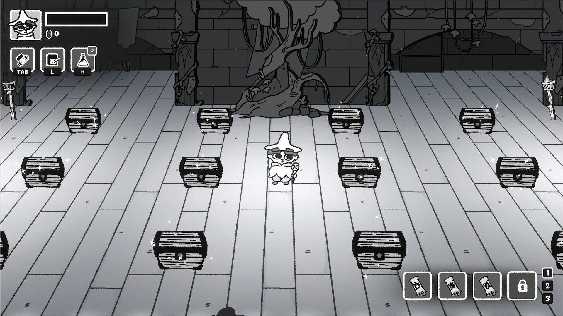 TypeCaster: Wizard character stands among sparkling treasure chests in a stone hall with UI icons.