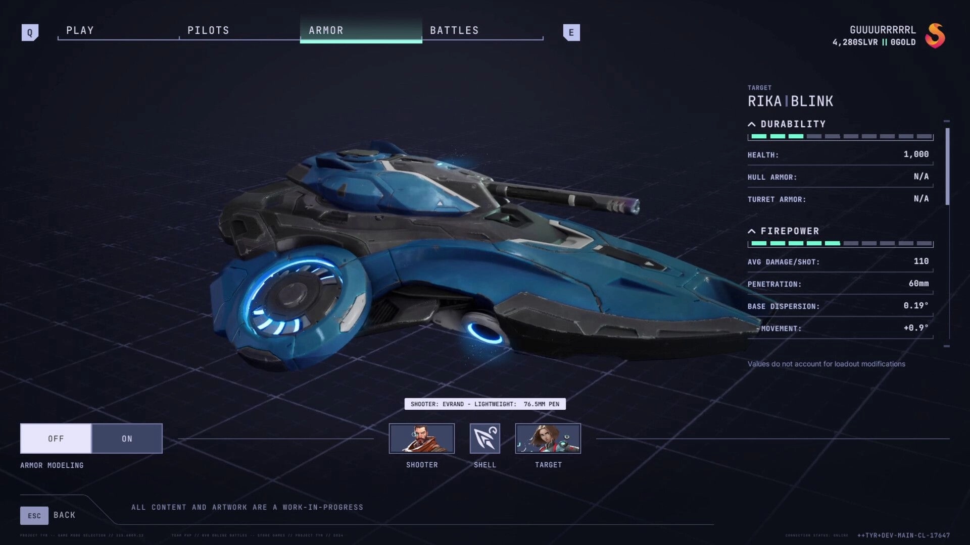 Tyr: Blue tank customization screen with detailed stats and options for armor and firepower adjustments.