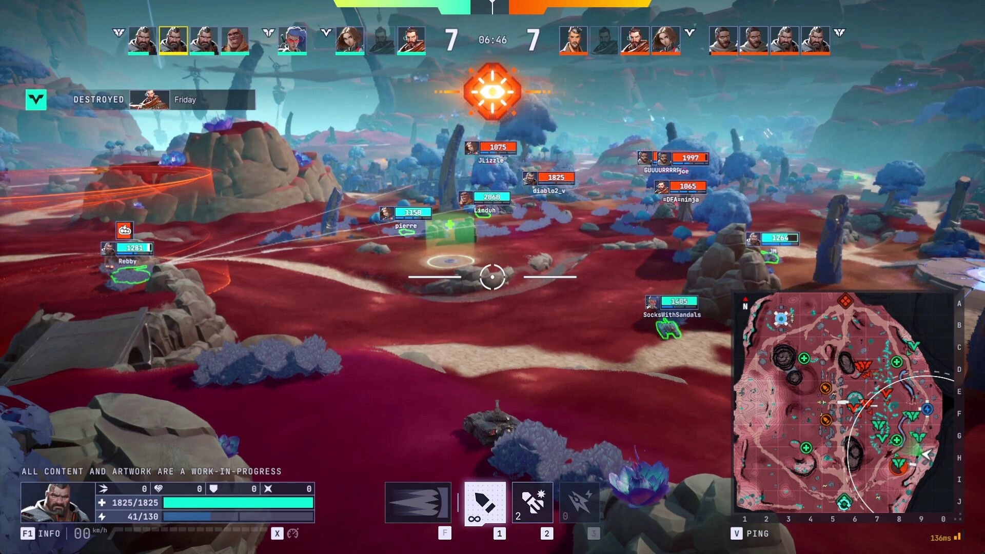 Tyr: Team tanks navigate a red-hued canyon with strategic map and UI displaying health and abilities.