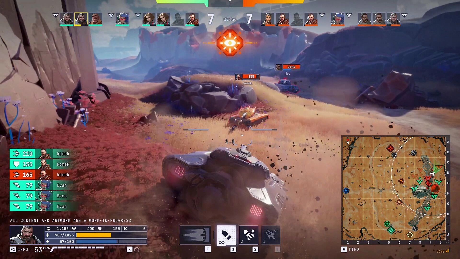 Tyr: Tank battle in rocky desert with HUD showing health, map, and team status indicators