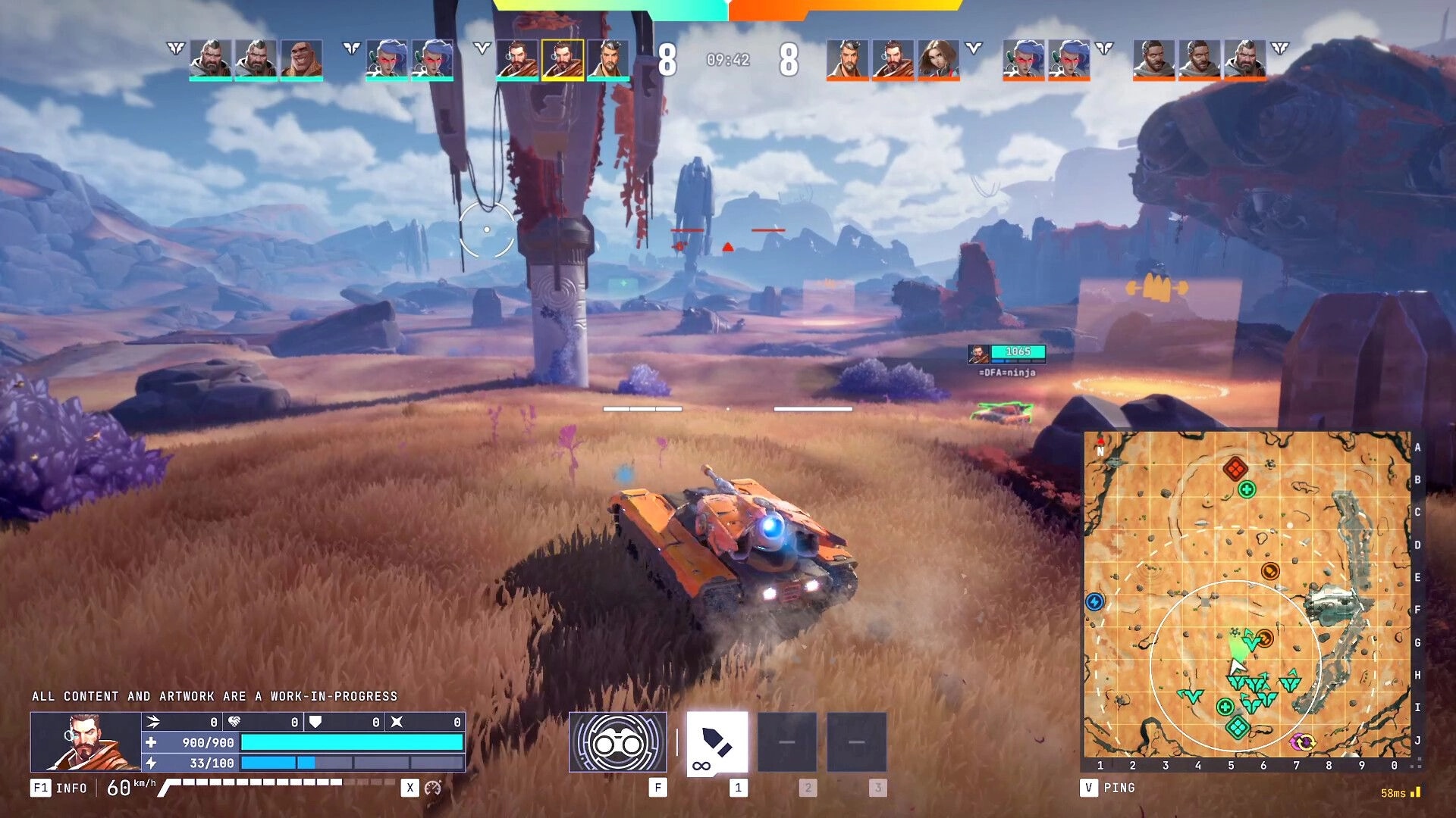 Tyr: Orange tank navigates grassy terrain with team stats and map visible in open landscape