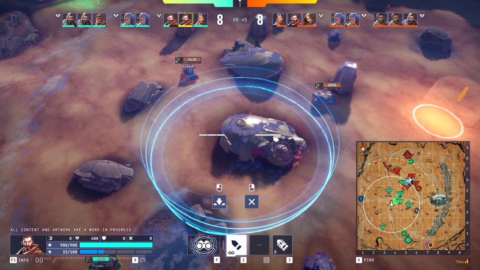 Tyr: Overhead view of tanks in desert combat zone with tactical map and player stats visible
