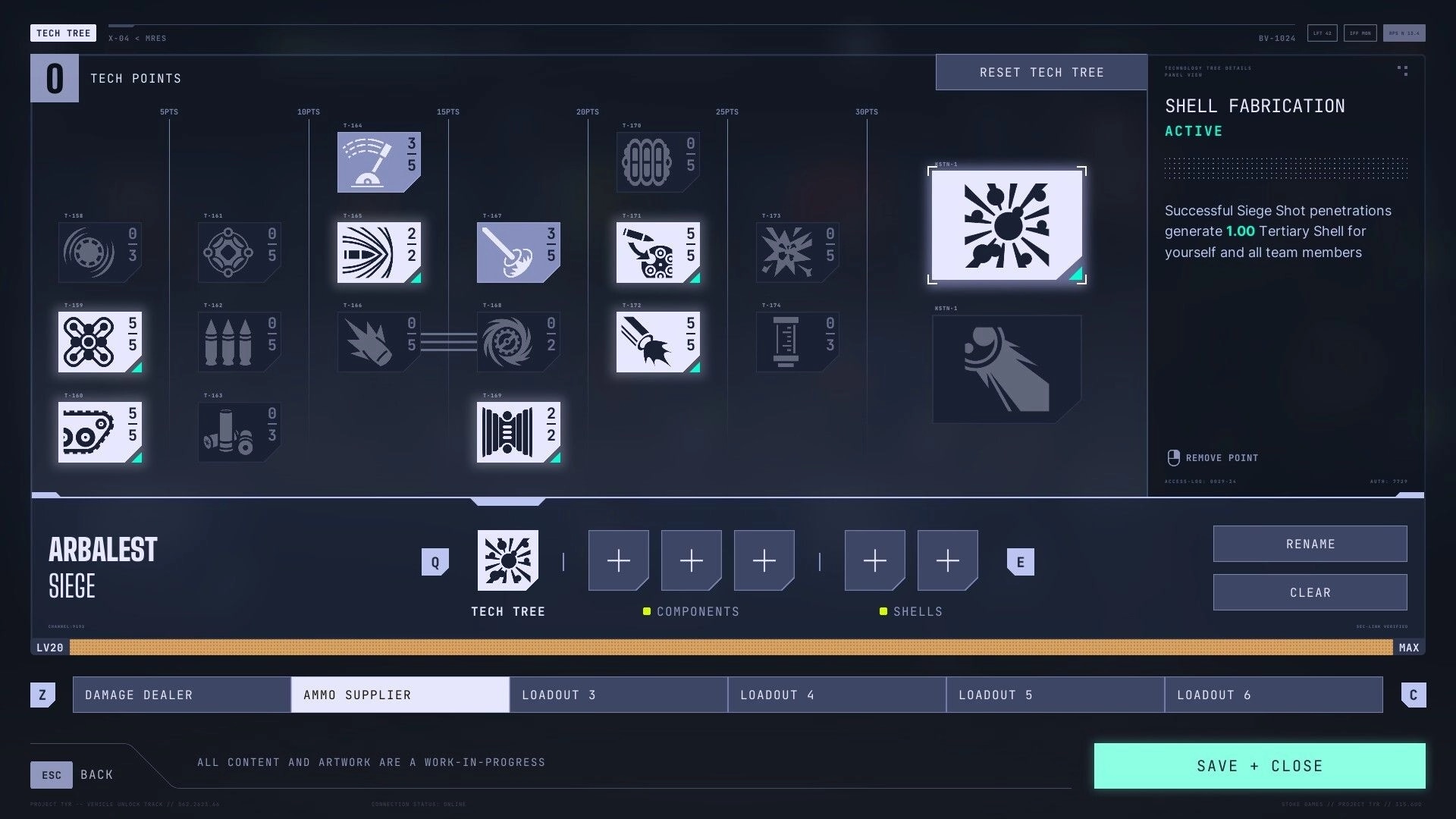 Tyr: Tech tree interface displaying upgrade paths and shell fabrication details in a strategic overview.