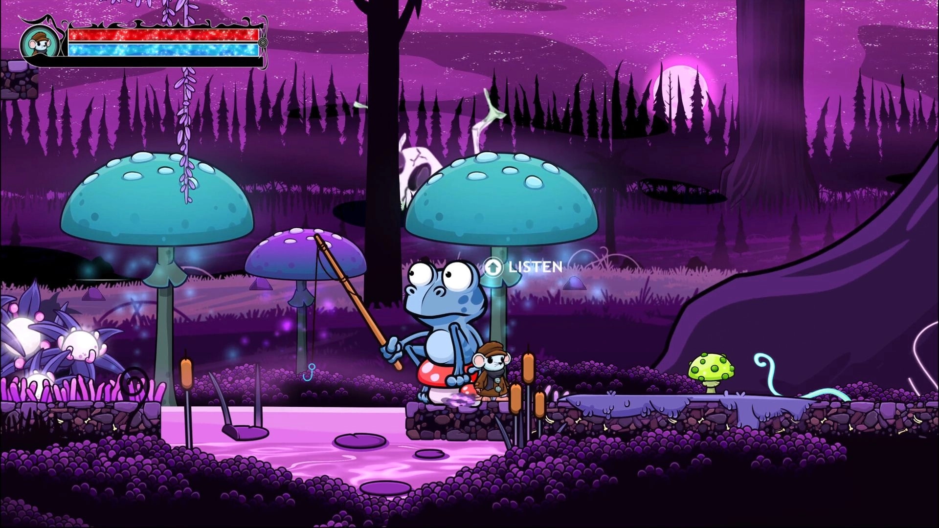 Tyro: Conversing with a blue creature under glowing mushrooms in a mystical forest with purple hues.