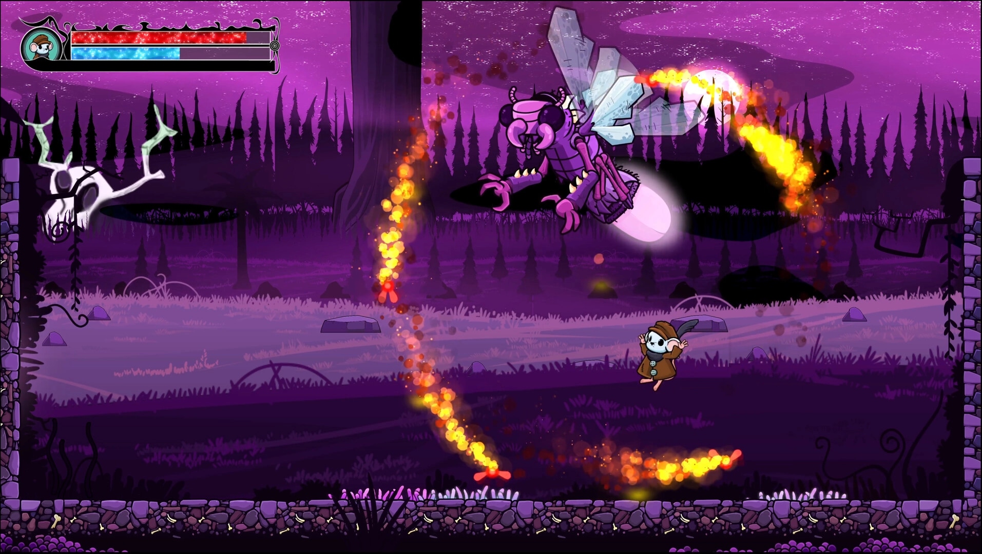 Tyro: Battling giant purple insect with fiery attacks in a dark forest with health bar displayed